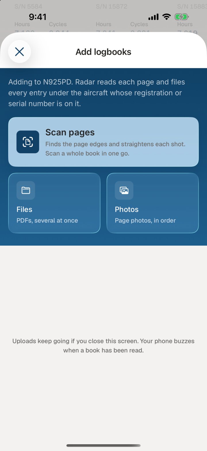 The Radar app: Add logbooks to N925PD, with Scan pages, Files and Photos