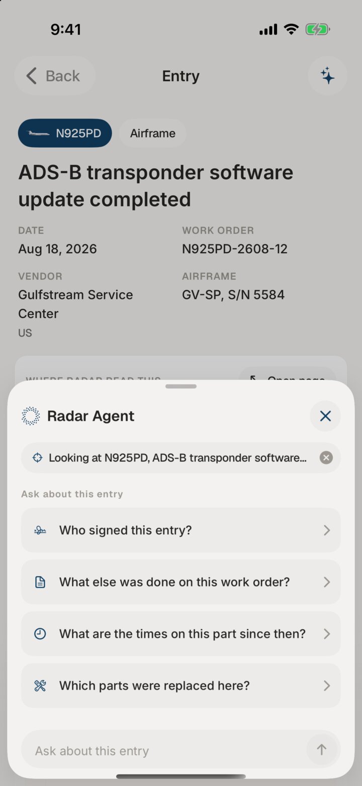 The Radar app: Radar Agent on one entry, with questions to ask about it