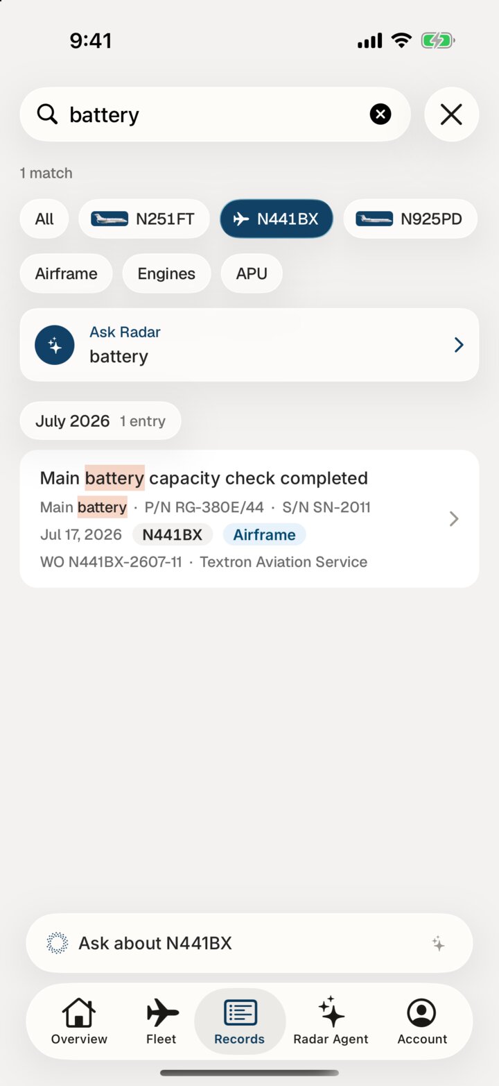 The Radar app: searching for battery, with the matching entry, its part number and serial