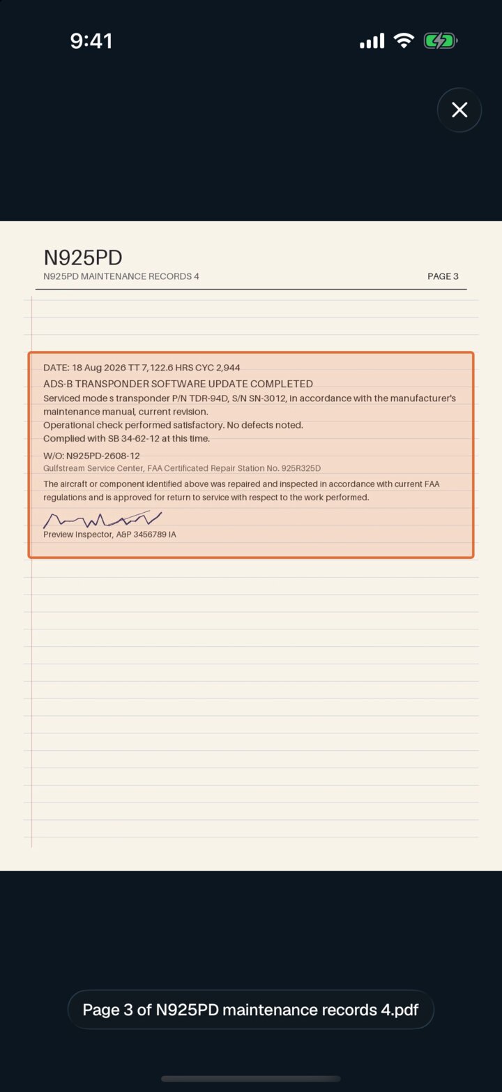 The Radar app: a scanned logbook page with the ADS-B transponder entry outlined