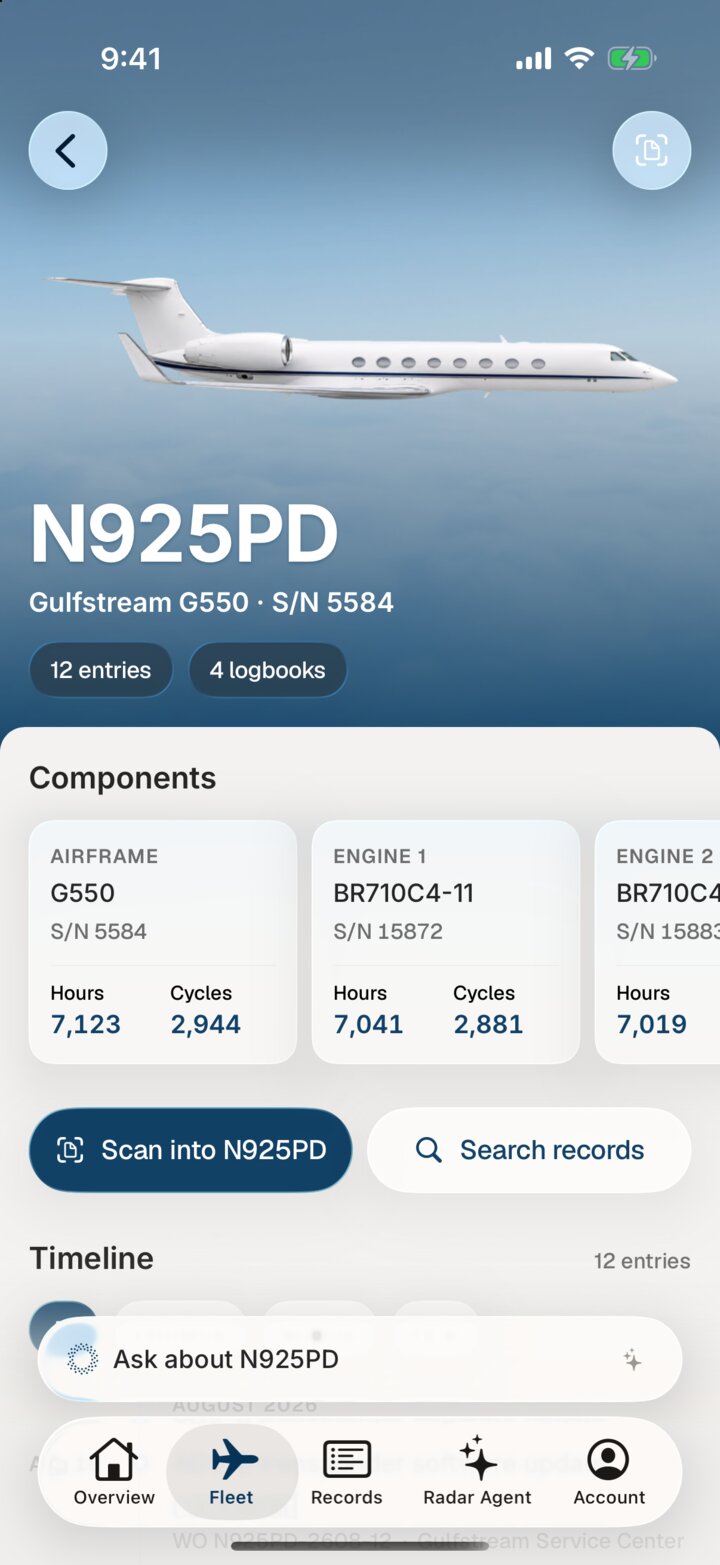 The Radar app: N925PD with 12 entries and 4 logbooks, airframe and engine hours and cycles