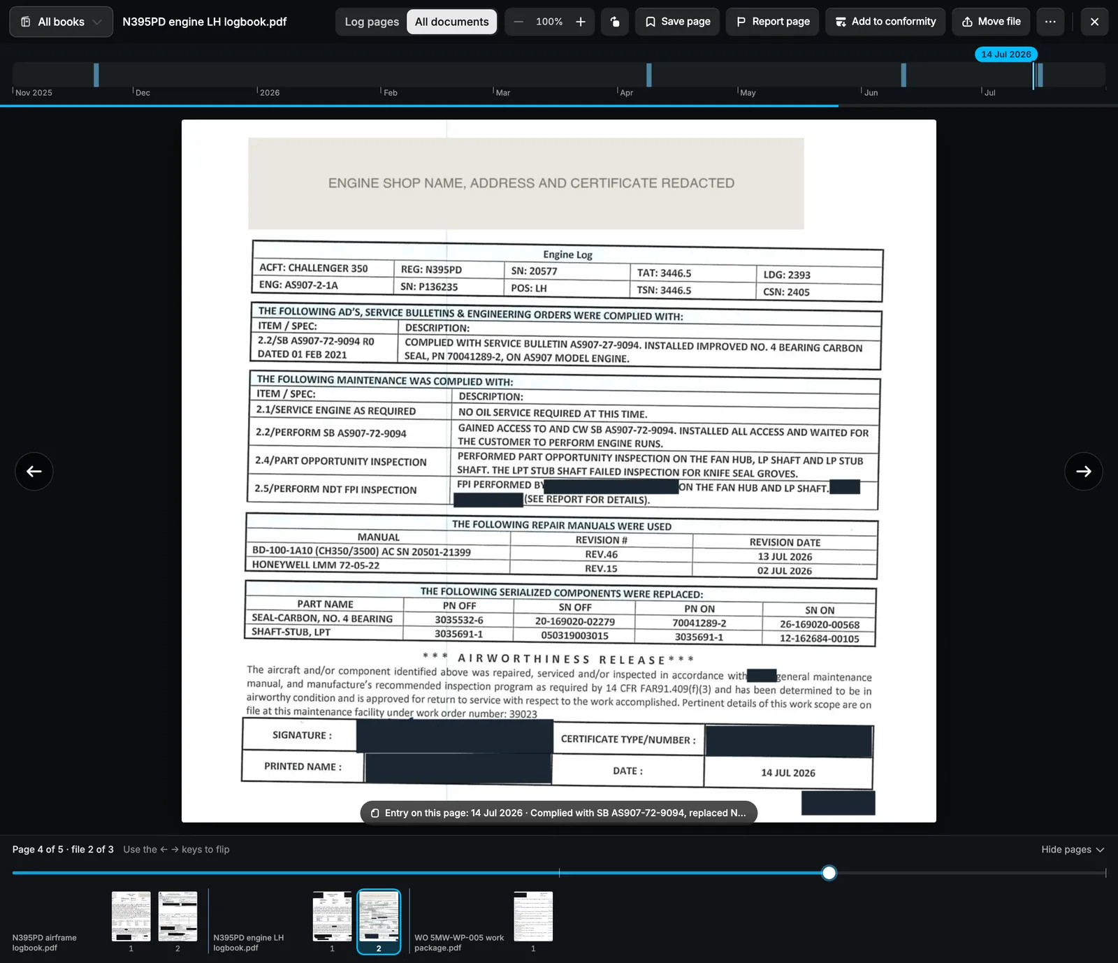 Radar's flip-through viewer on an engine logbook page for N395PD, with the timeline from November 2025 to July 2026 above it, the entry read from the page below it, and the thumbnails of three files