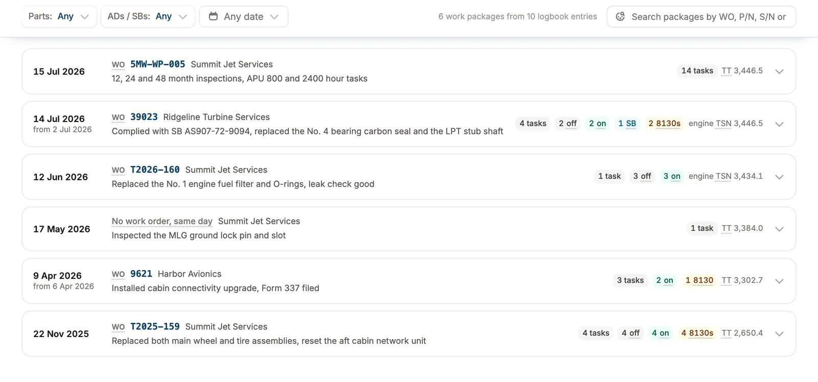 Six work packages for N395PD, newest first, each with its date, work order, shop, summary, and counts of tasks, parts off and on, SBs and 8130-3 tags