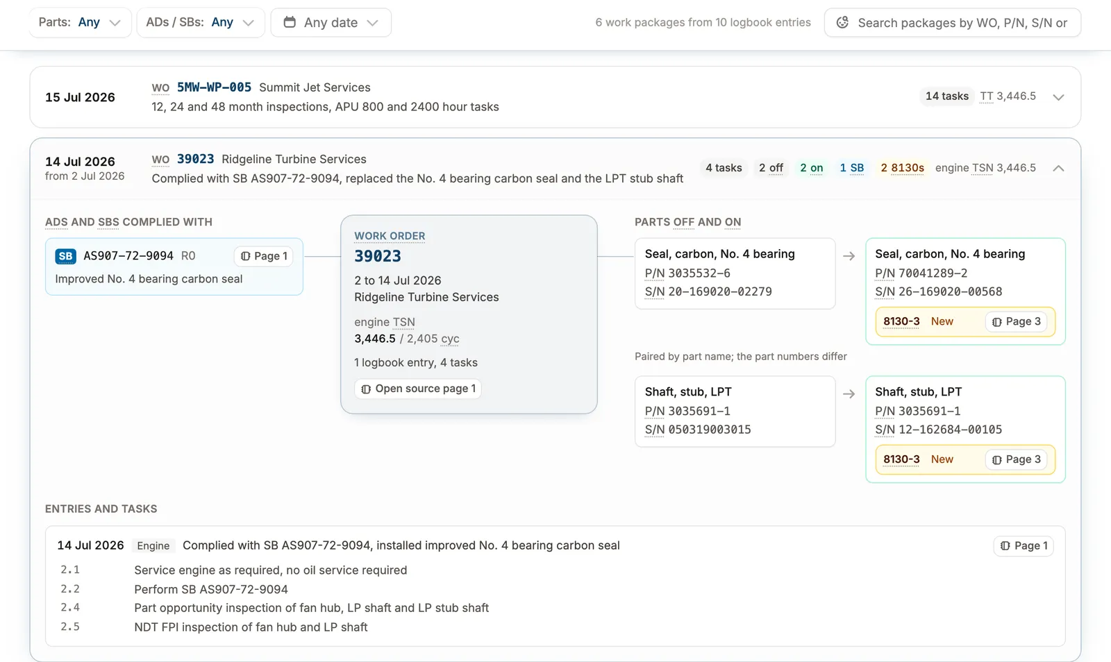 Radar's Work packages tab for a Challenger 350, with work order 39023 open: the SB complied with, two parts off and on with their 8130-3 tags, and the four tasks on the entry