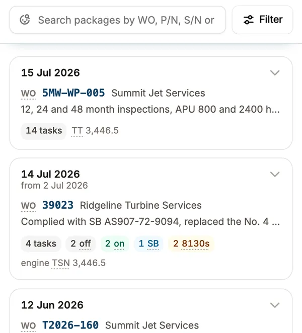 Work packages on a phone, with a search box for work order, part number or serial, and a filter button