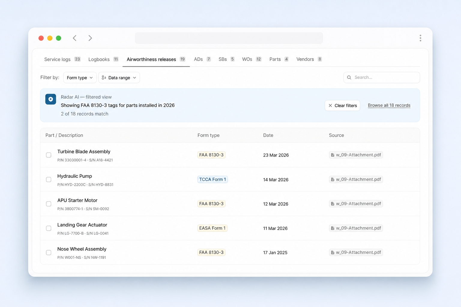 Airworthiness releases filtered in a browser window, each cited to its source