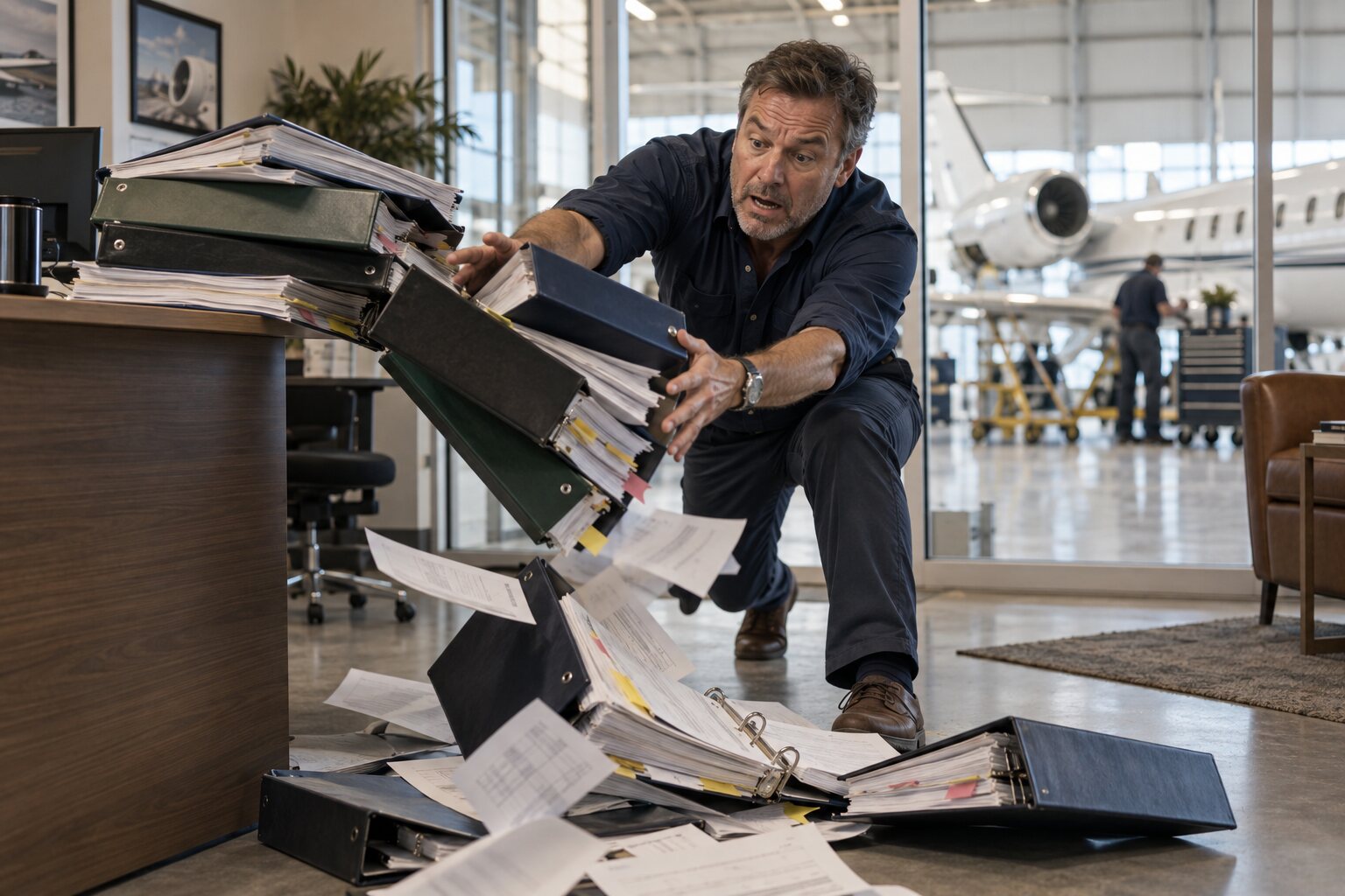 A director of maintenance lunging to catch a stack of logbook binders sliding off his desk, loose pages on the floor, a business jet in the hangar behind the glass