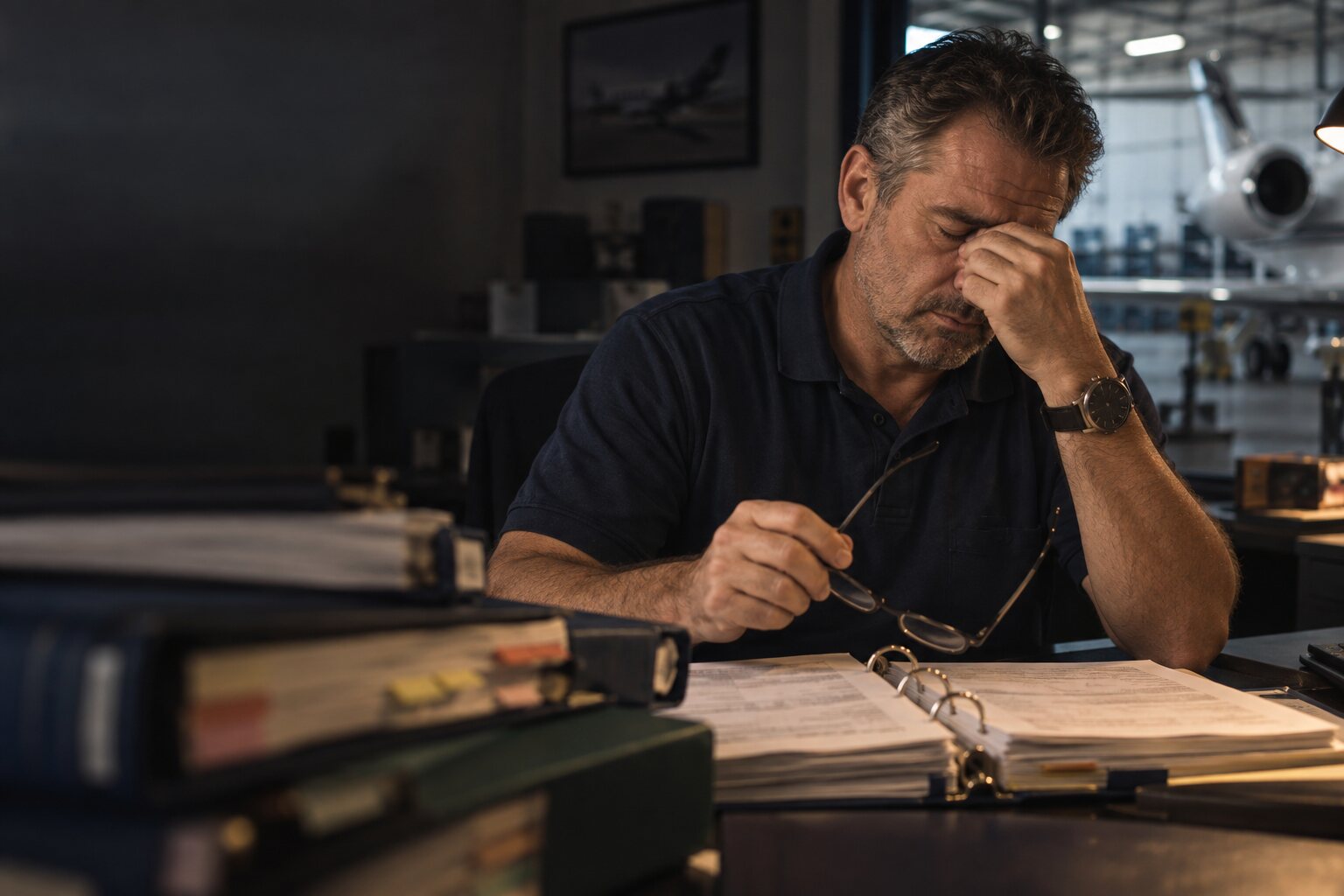 A director of maintenance rubbing his eyes at a desk stacked with logbook binders, a business jet in the hangar behind him