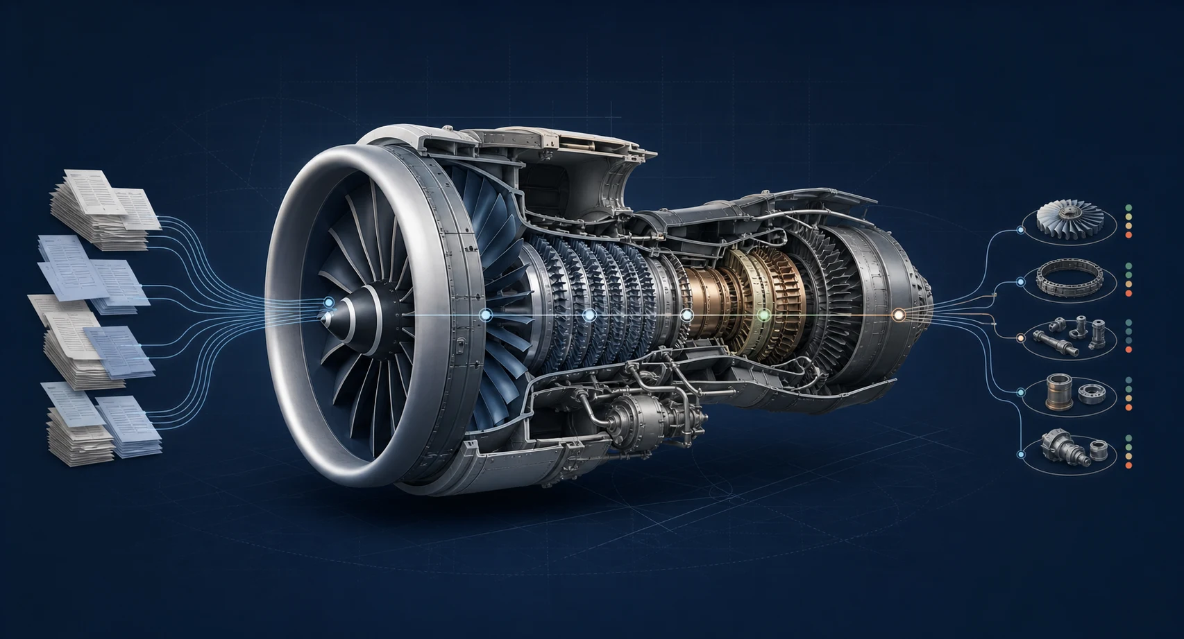 A cutaway turbine engine connecting maintenance records to module and component demand signals
