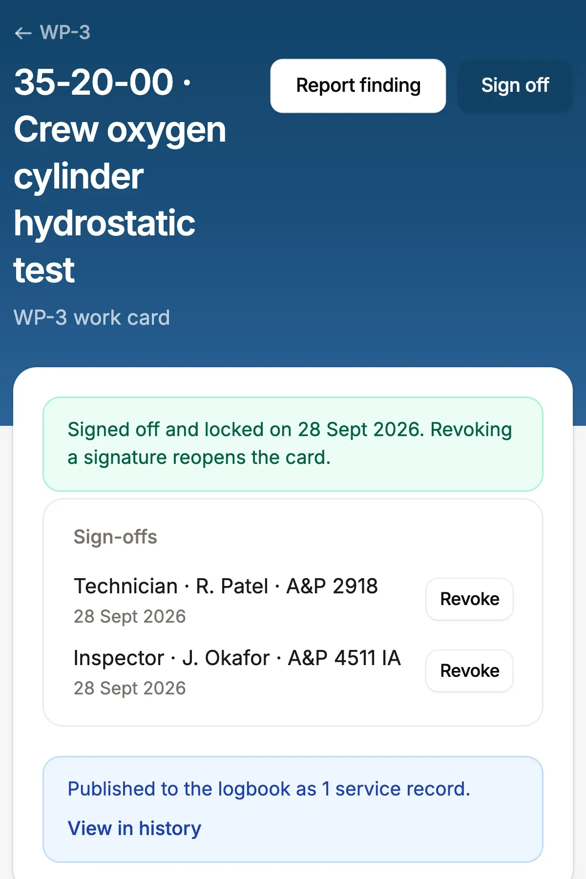 The work card signed off by the technician and the inspector on 28 Sept 2026, and published to the logbook as 1 service record