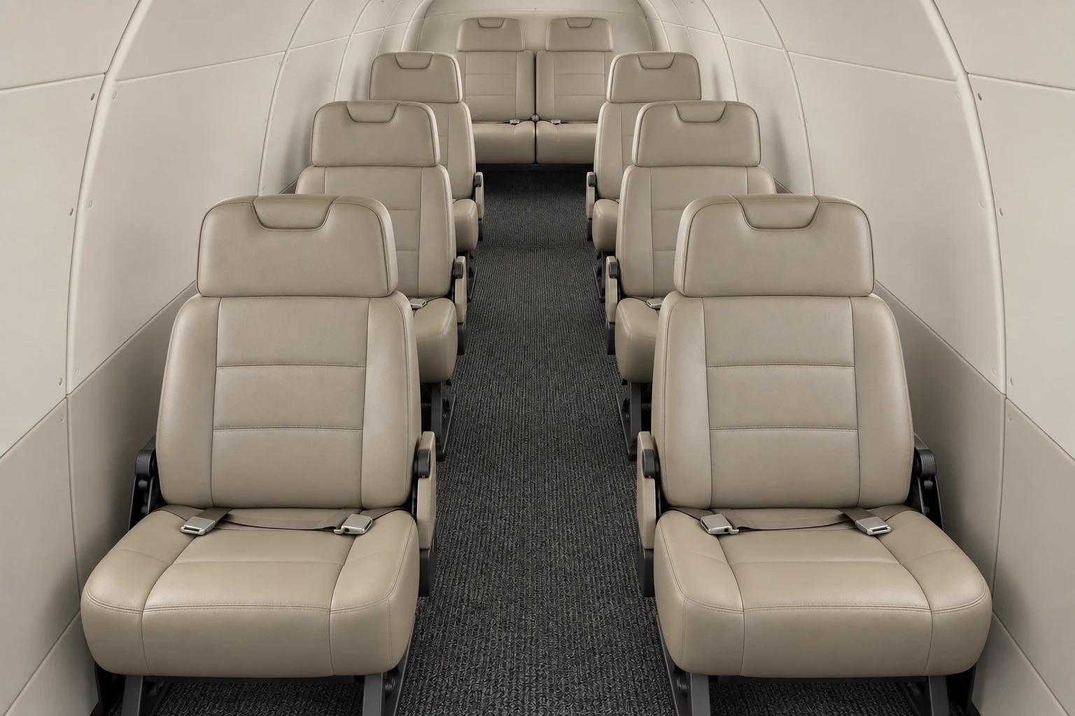 Illustrative Wipaire Configuration 2 seating option for the short Cessna 208, looking aft at six forward-facing individual chairs and an aft two-place bench.