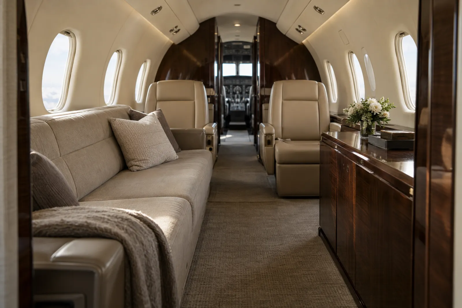 The cabin of a Challenger 300 seen from aft, with a side-facing divan, two club seats and dark wood cabinetry