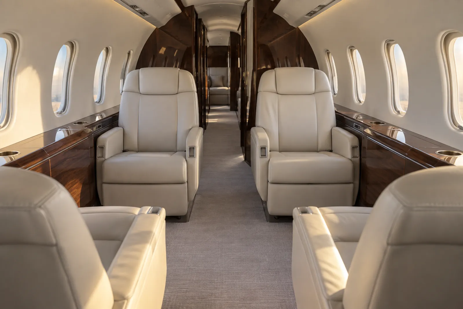 The cabin of a Challenger 350, looking aft past four cream leather club seats and walnut side ledges