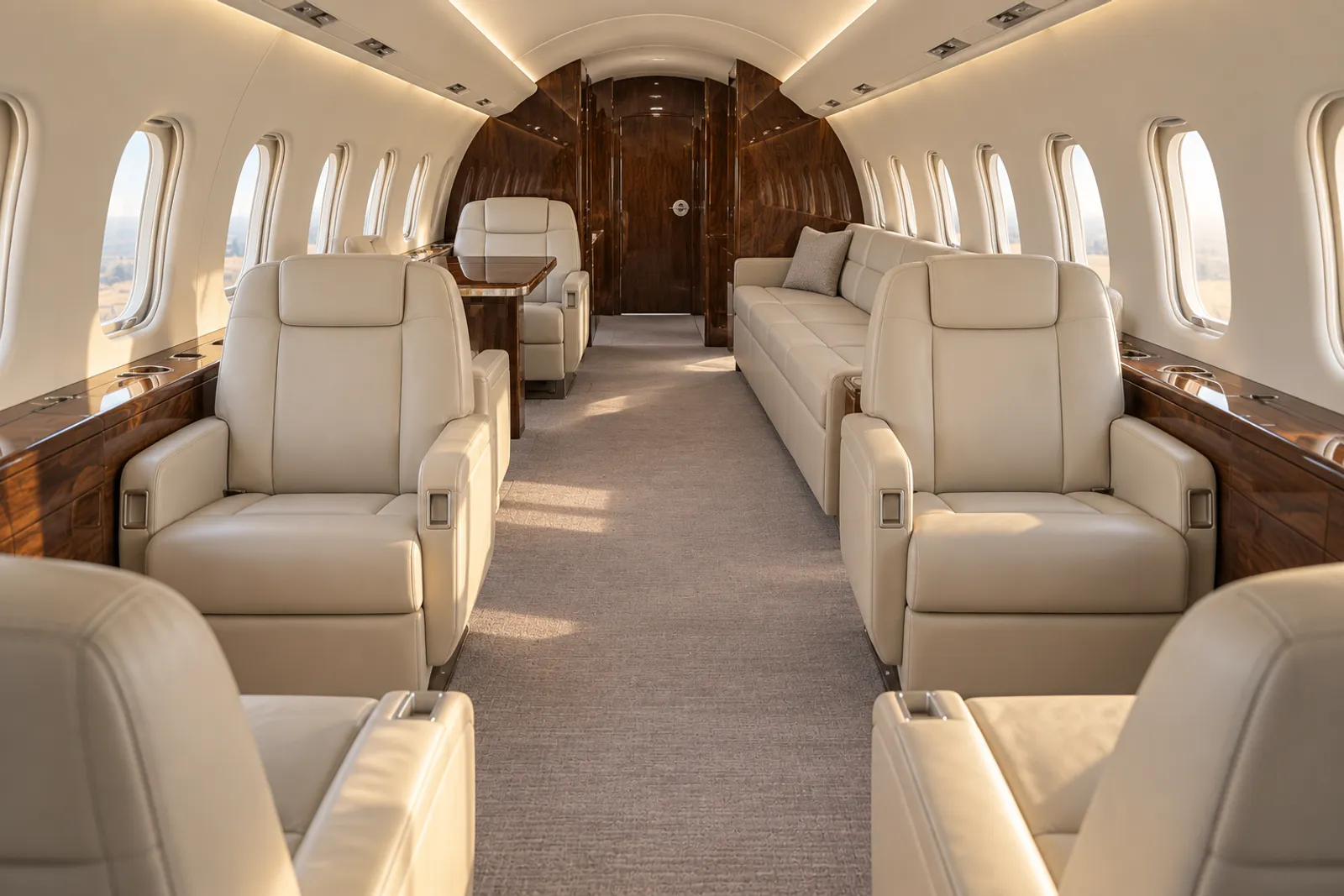Warm natural light fills a wide stand-up Challenger 604 cabin with cream leather club chairs, an aft three-place divan, wood veneer trim and upright rounded windows, viewed aft down the aisle.