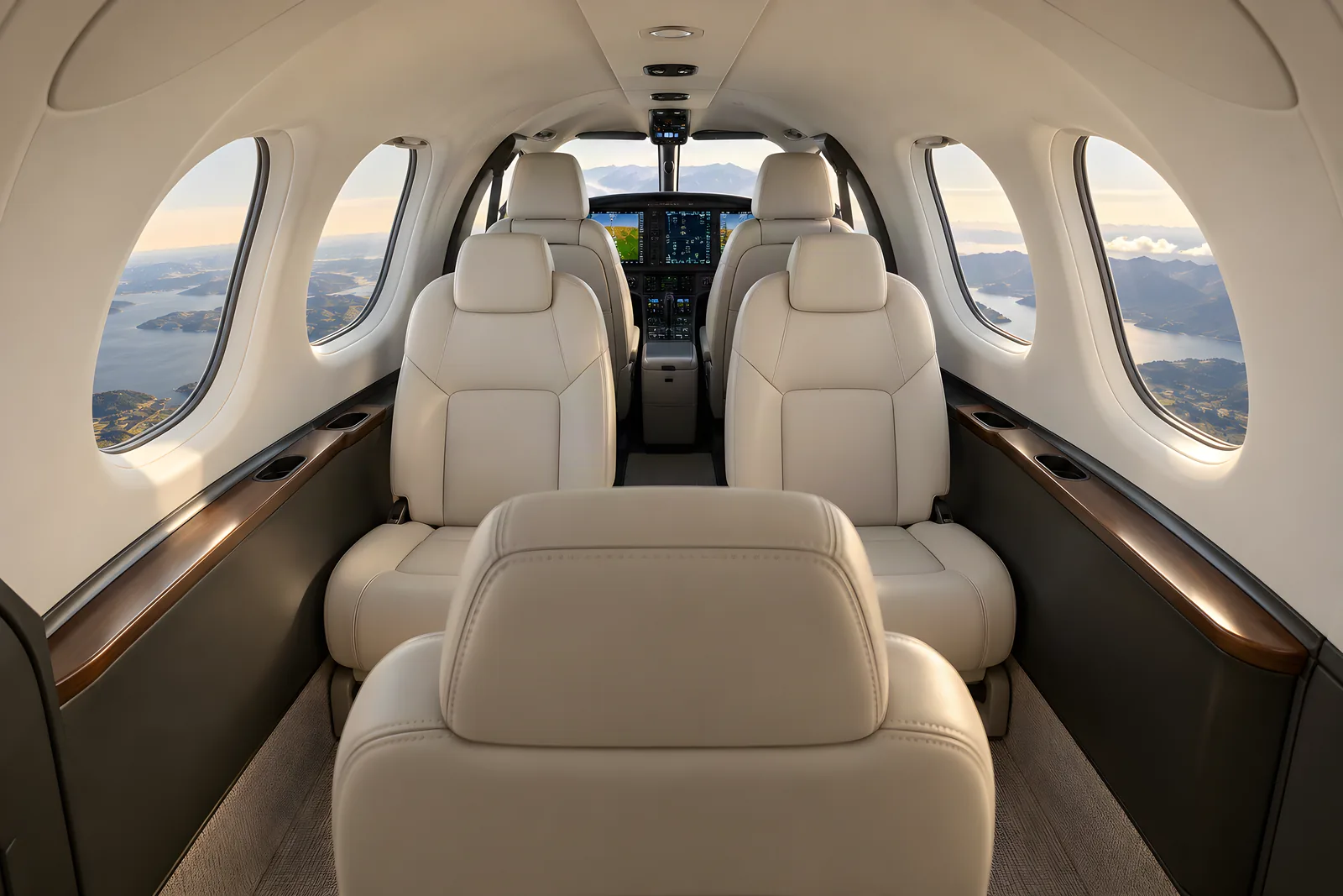 Generated illustration of a low Cirrus SF50 family cabin, looking forward past one centered aft chair and two passenger chairs to two cockpit seats. Cream leather, panoramic windows and an open flight deck.