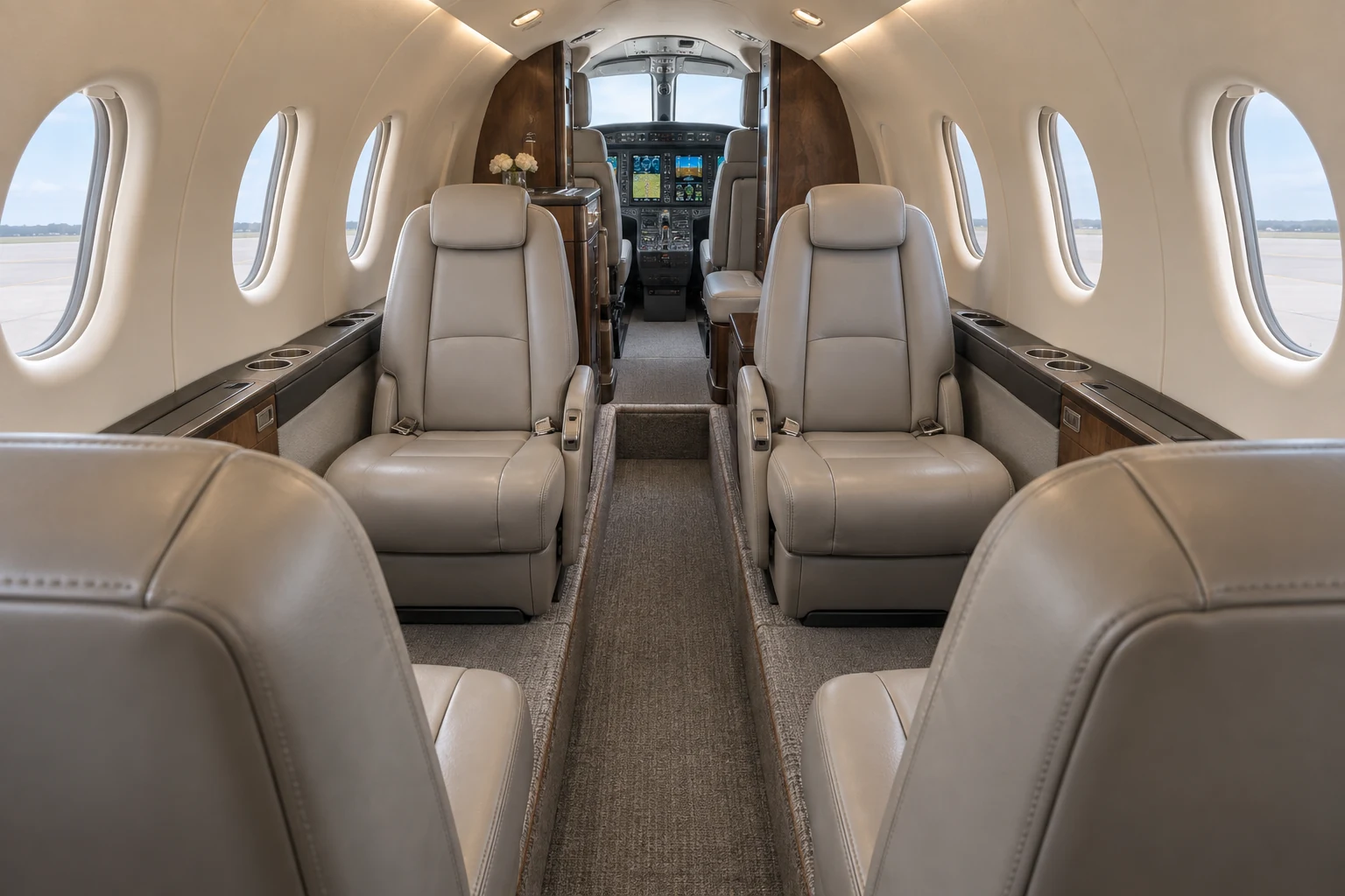 Representative Cessna Citation CJ1+ cabin illustration looking forward through the four-seat club and narrow dropped aisle. Finishes and equipment vary by aircraft.