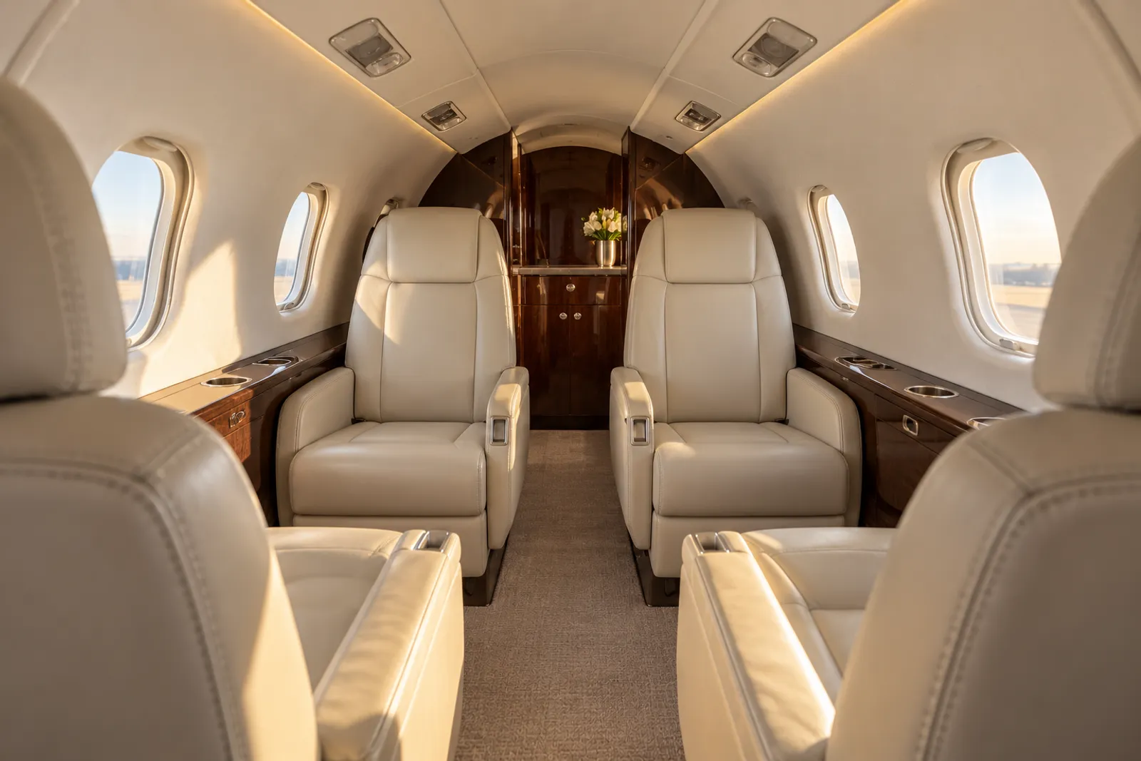 Warm natural light fills a low, narrow Cessna Citation CJ3 cabin viewed aft down the aisle, with six cream leather executive seats, oval windows, wood veneer and an aft lavatory partition.