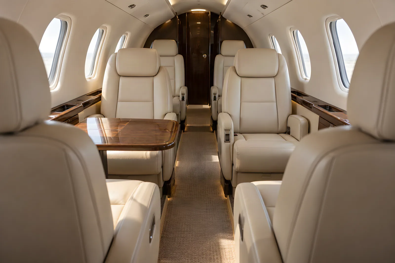 Generated illustration of a conventional Citation CJ4 cabin, looking aft through six cream leather main chairs, a low curved roof, narrow aisle and wood side ledges. Forward couch is outside the view.