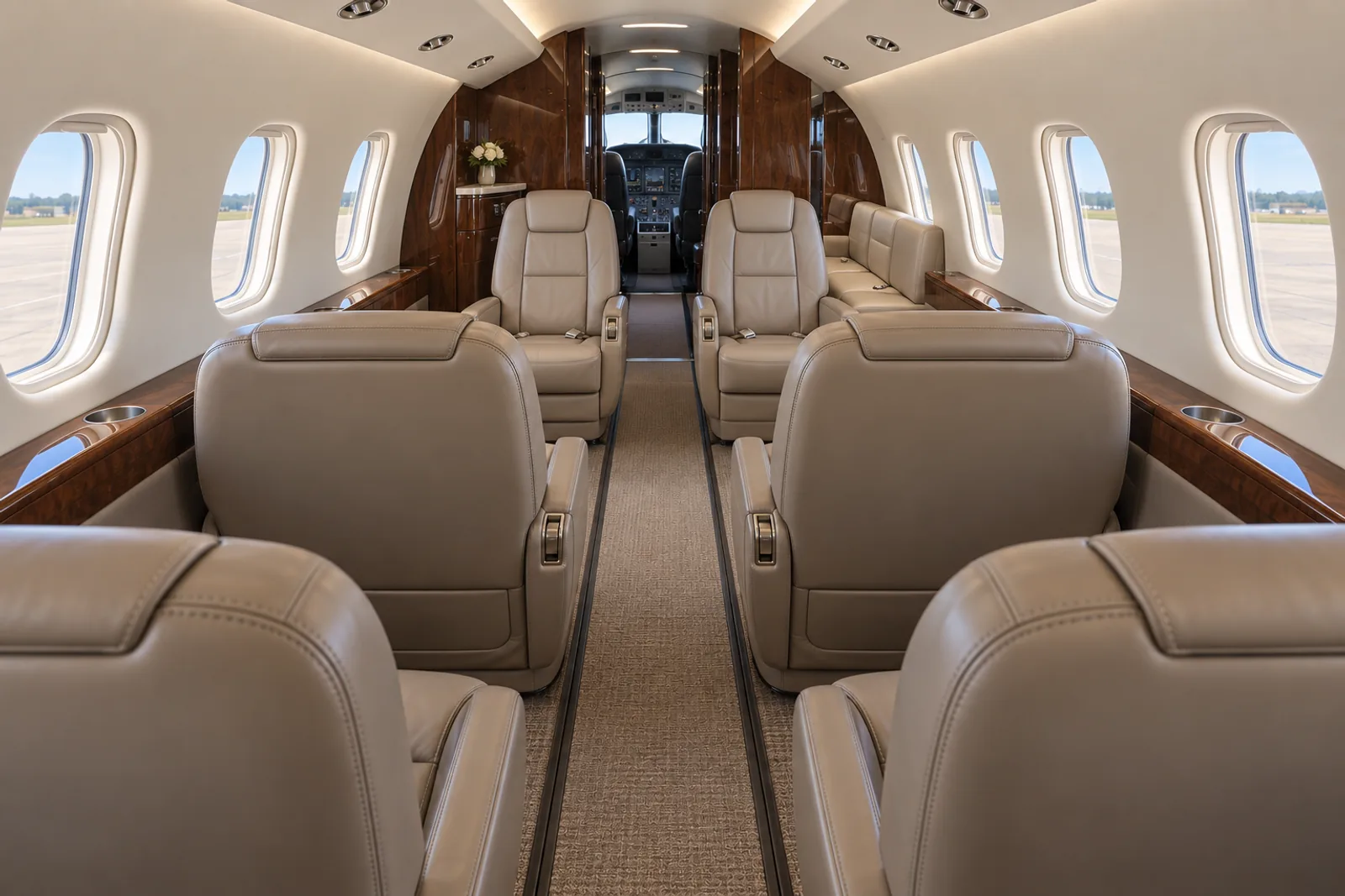 Illustration of an original Citation Excel cabin, 68 inches high and 66 inches wide, with dropped aisle, six main chairs and a forward two-place side-facing divan