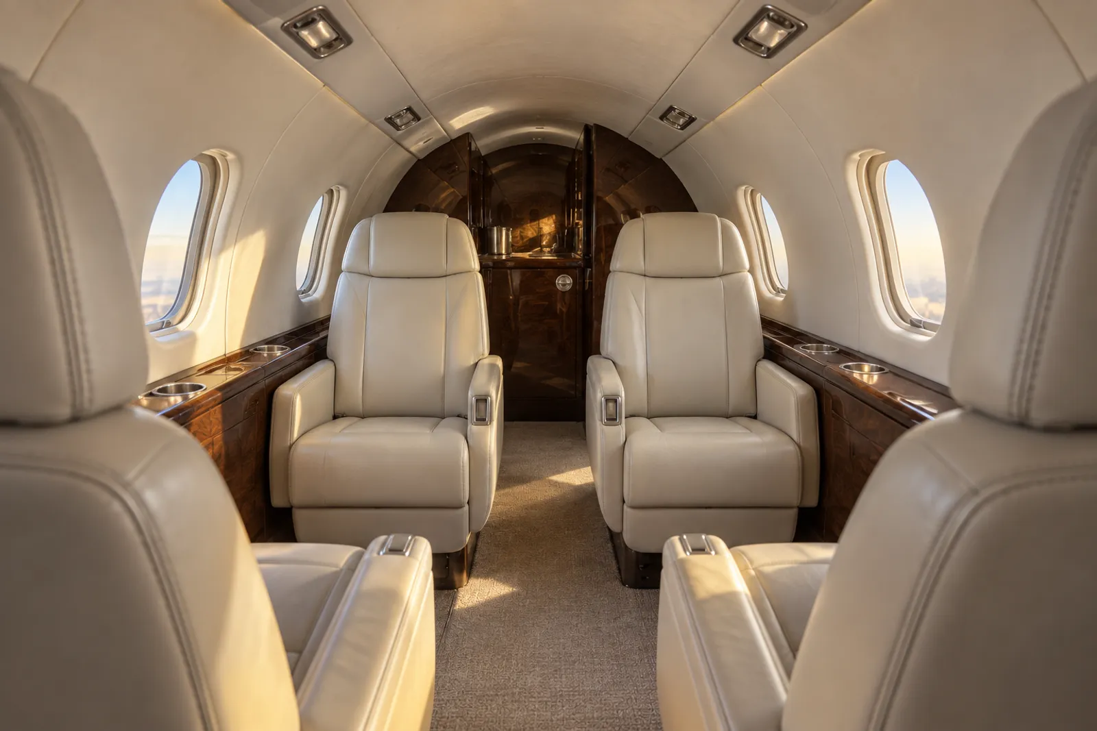 Warm sunlight illuminates cream leather executive seats and wood veneer in the low, narrow Cessna Citation II cabin, viewed aft along the central aisle toward the lavatory.