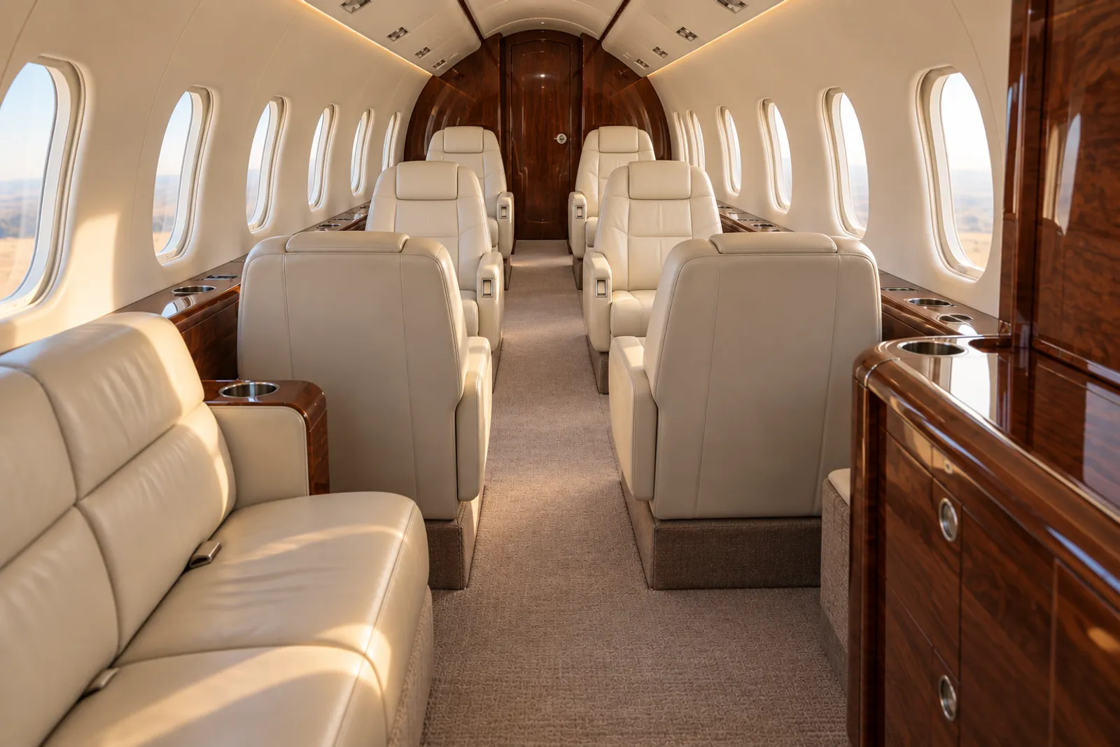 Warm sunlight fills a compact Citation III cabin with cream leather club chairs, a forward two-place divan, oval windows, walnut cabinetry and a narrow aisle leading aft to the lavatory.
