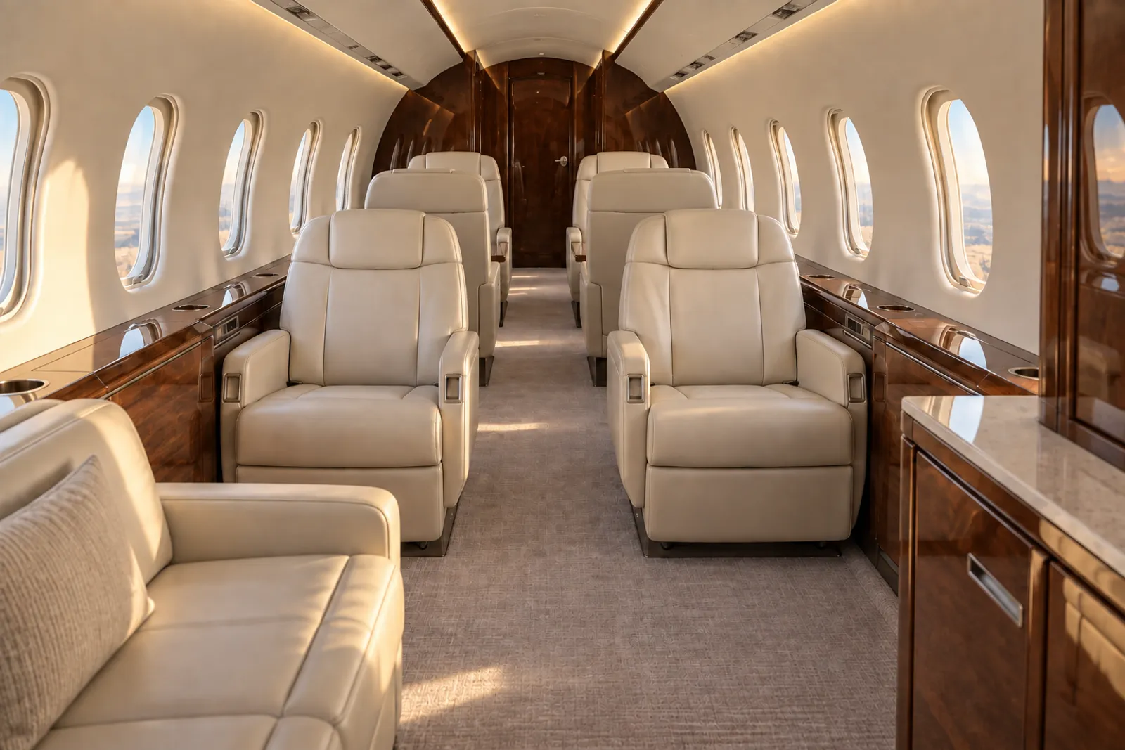 An eye-level view looking aft through a Cessna Citation Latitude cabin shows cream leather seating, warm wood veneer, tall oval windows, and a flat aisle beneath the arched stand-up ceiling.