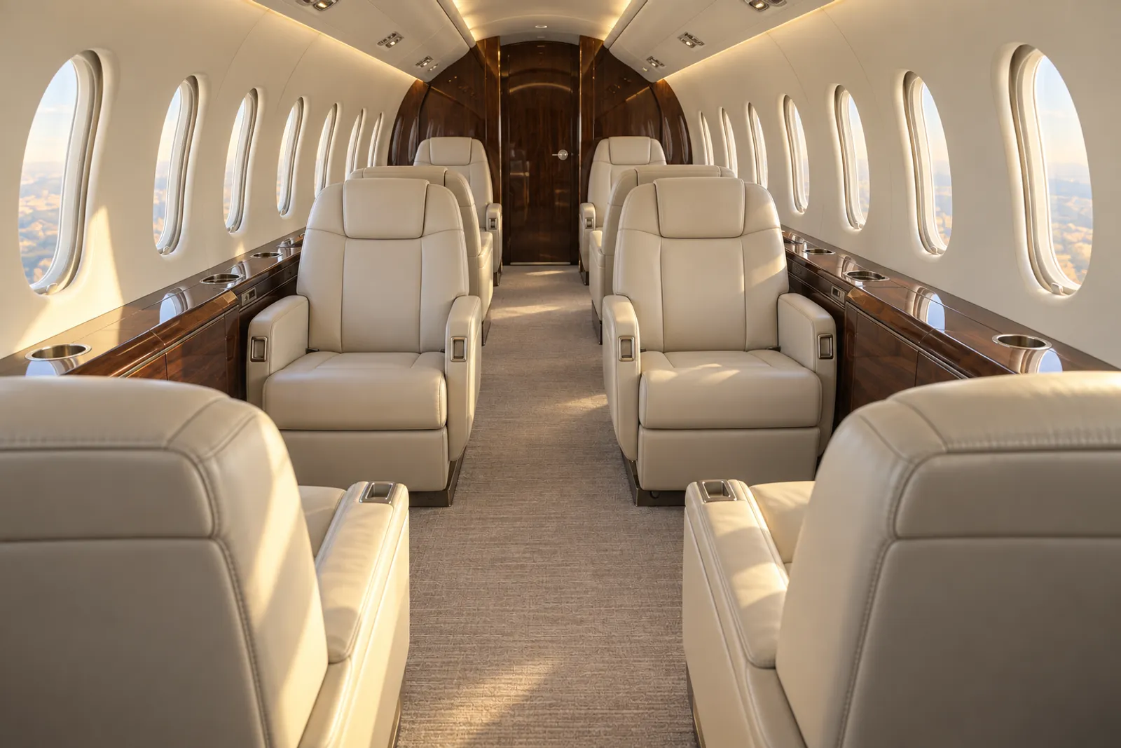 Eye-level view looking aft through a Cessna Citation Longitude stand-up cabin with eight cream leather club seats, tall oval windows, walnut veneer and warm natural light.
