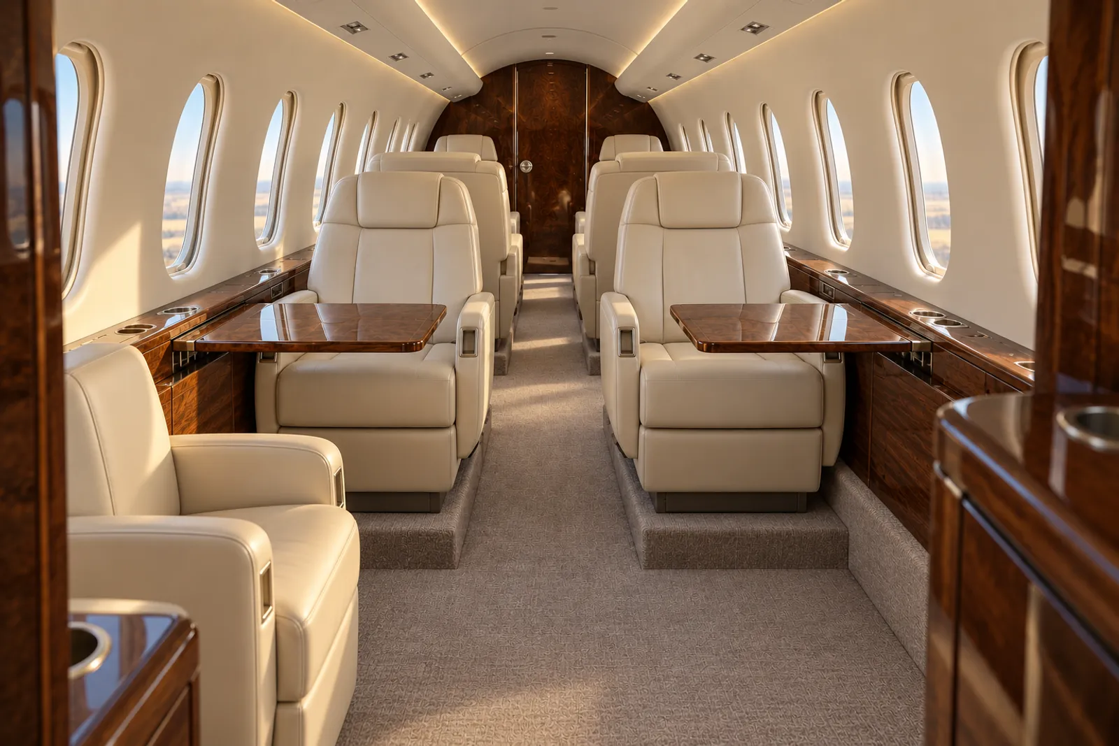 An eye-level view looking aft through a Cessna Citation Sovereign cabin shows cream leather club seats, a forward side-facing chair, wood veneer cabinetry, oval windows and a narrow dropped aisle in warm natural light.