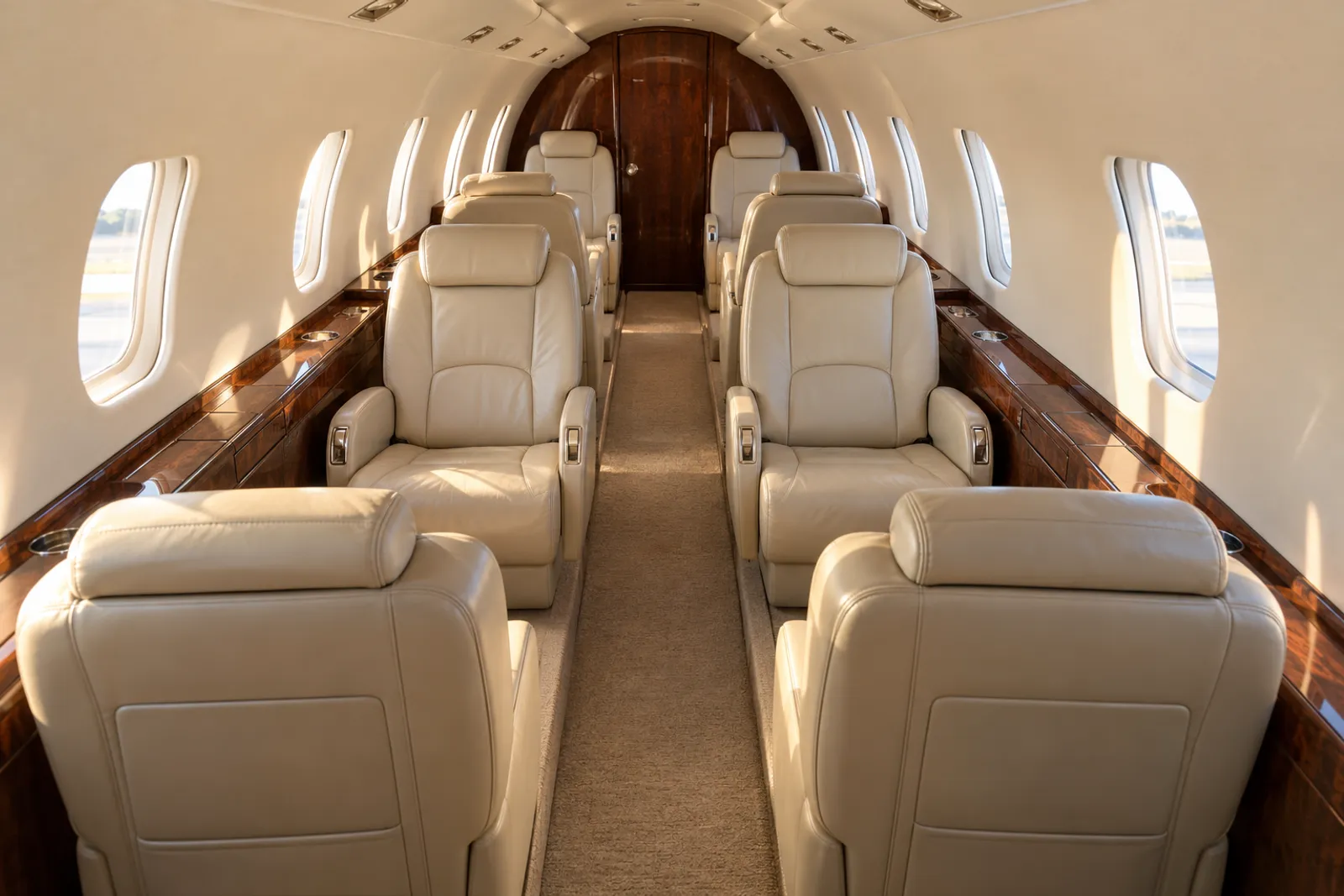 Warm natural light illuminates eight cream leather club seats and walnut trim in the compact, curved Citation X cabin, viewed at eye level looking aft along the narrow dropped aisle toward the lavatory door.