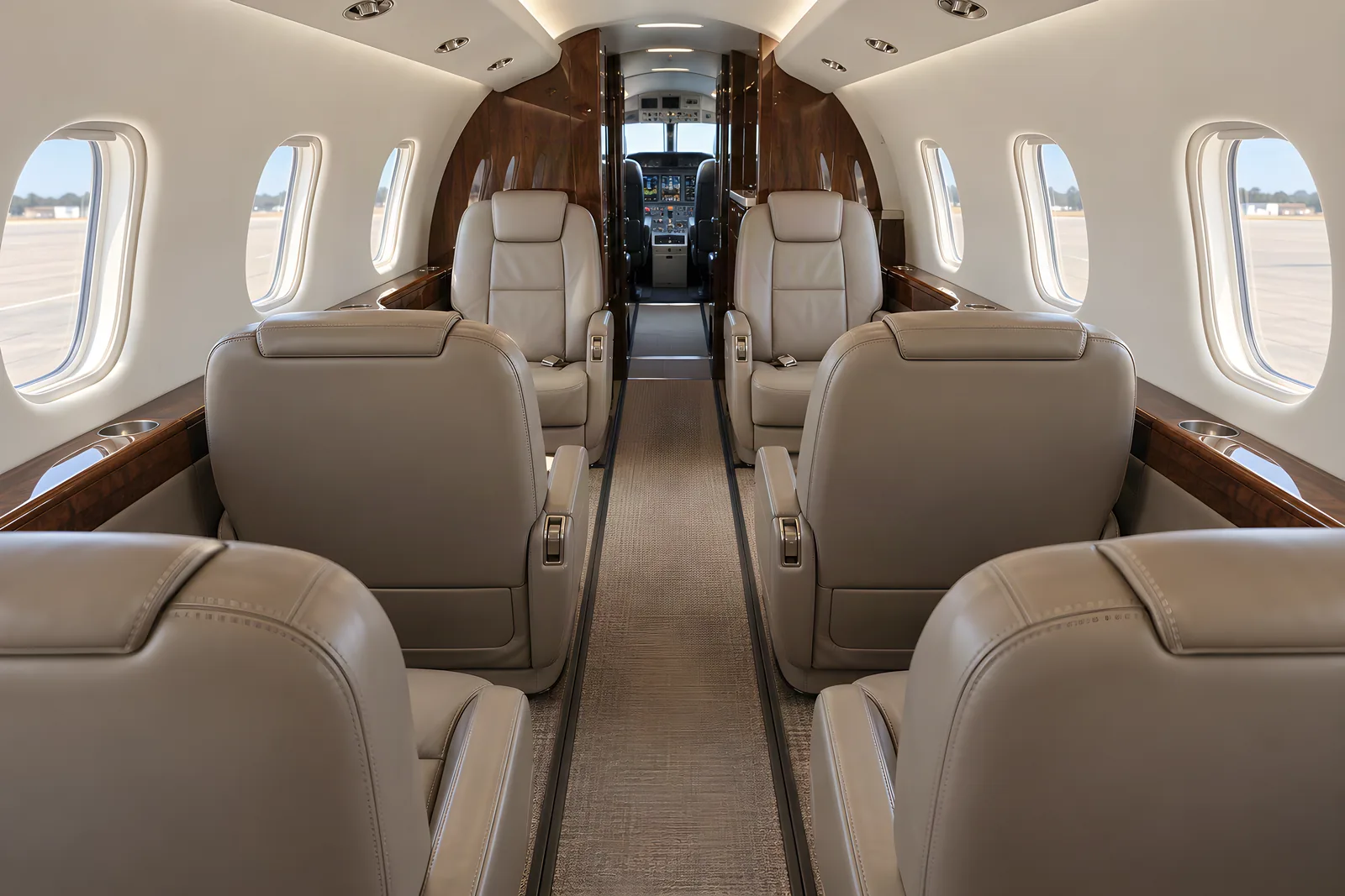 Generated illustration of a conventional Citation XLS+ cabin looking forward past six individual pedestal chairs, with a single four-chair club, aft forward-facing pair, dropped center aisle, cream leather and walnut side ledges