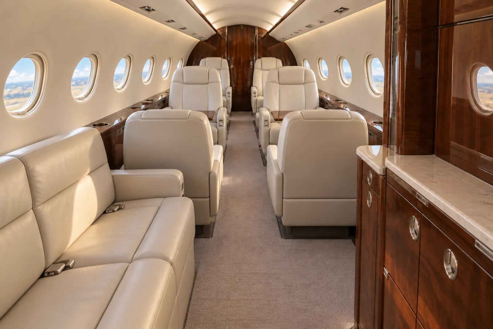 Warm natural light illuminates cream leather seats, a forward two-place divan, and walnut cabinetry in the compact Cessna Citation XLS+ cabin, viewed aft along its narrow dropped aisle.