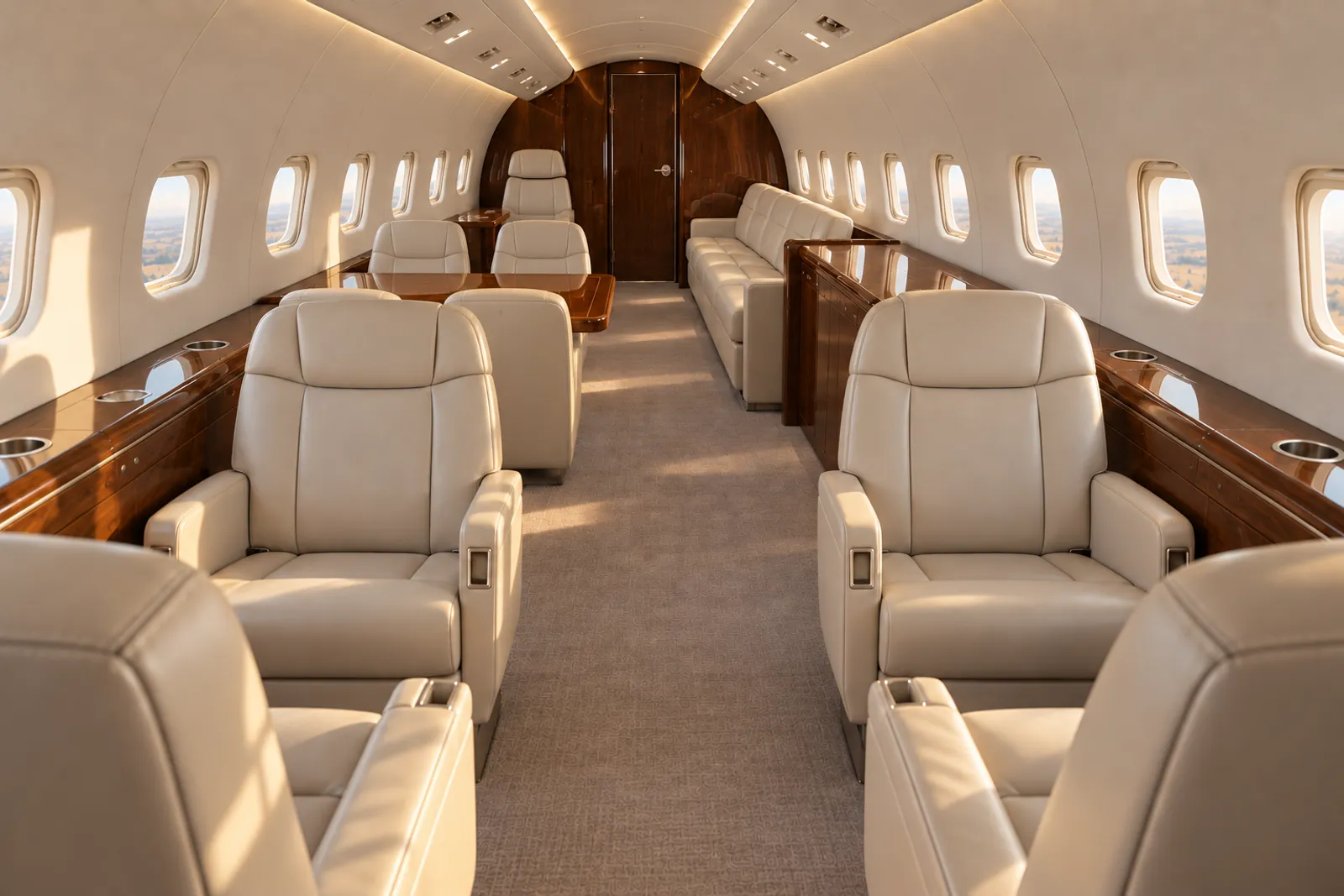 An eye-level view looking aft through an Embraer Legacy 600 cabin shows cream leather club and conference seats, an aft divan, wood veneer cabinetry, rounded oval windows, and warm natural light.
