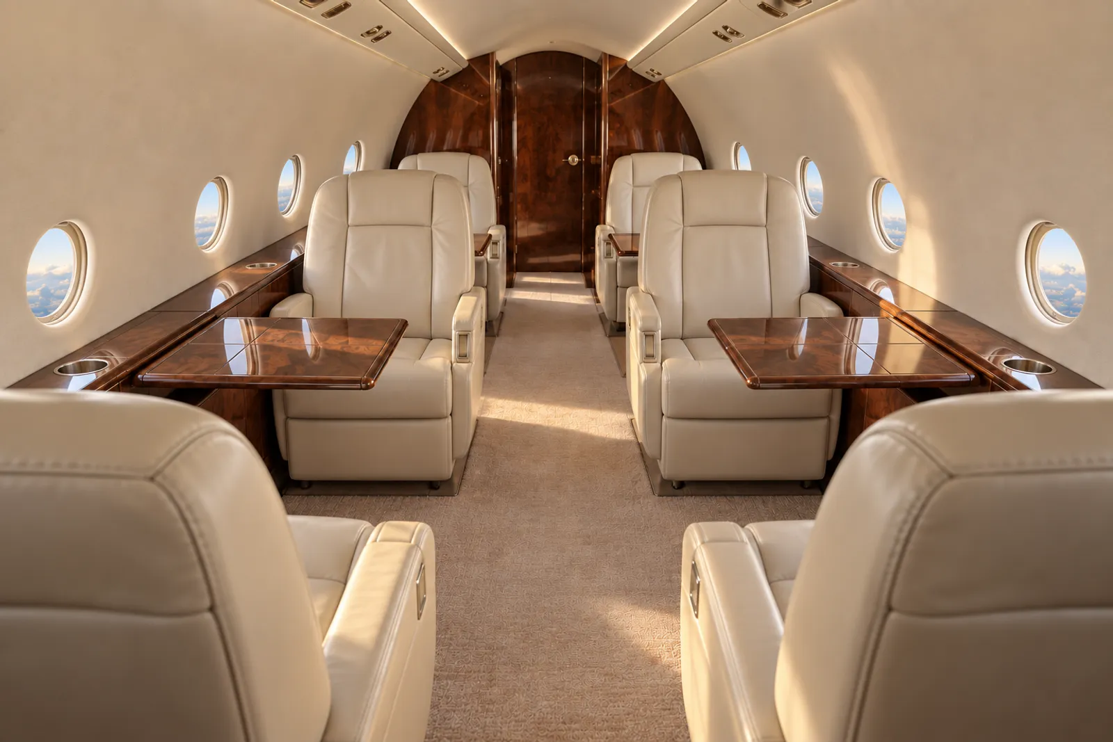 Warm sunlight illuminates cream leather club seats and wood veneer in the low, rounded Falcon 20 cabin, viewed aft along the central aisle.