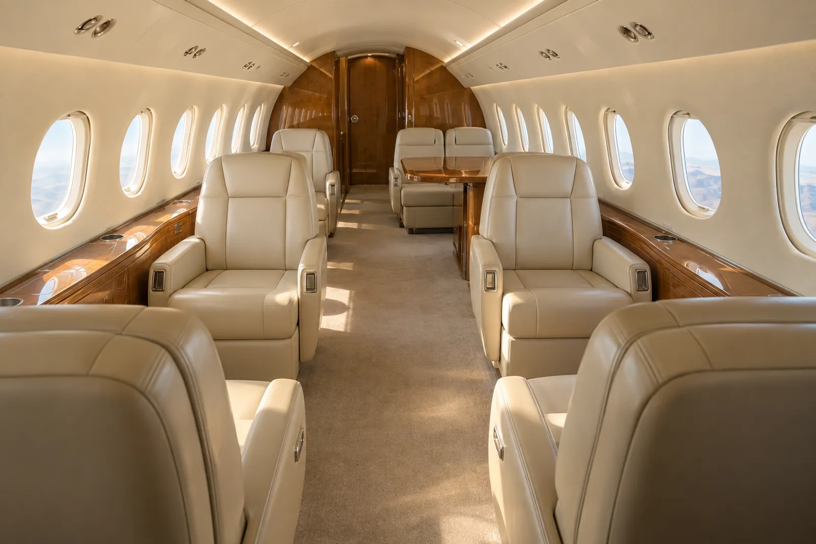 Warm sunlight illuminates the Falcon 2000’s wide stand-up cabin, with cream leather club seats, an aft conference group, oval windows and polished wood veneer viewed aft down the aisle.