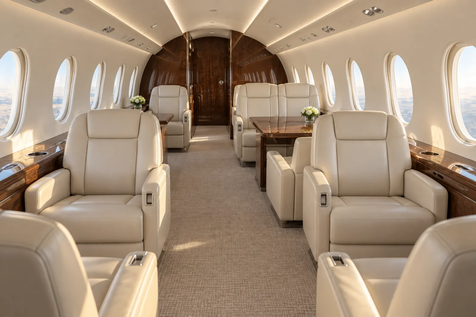 An eye-level view looking aft through a spacious Dassault Falcon 2000LXS cabin shows cream leather club seats, an aft conference group, oval windows and polished wood veneer in warm natural light.