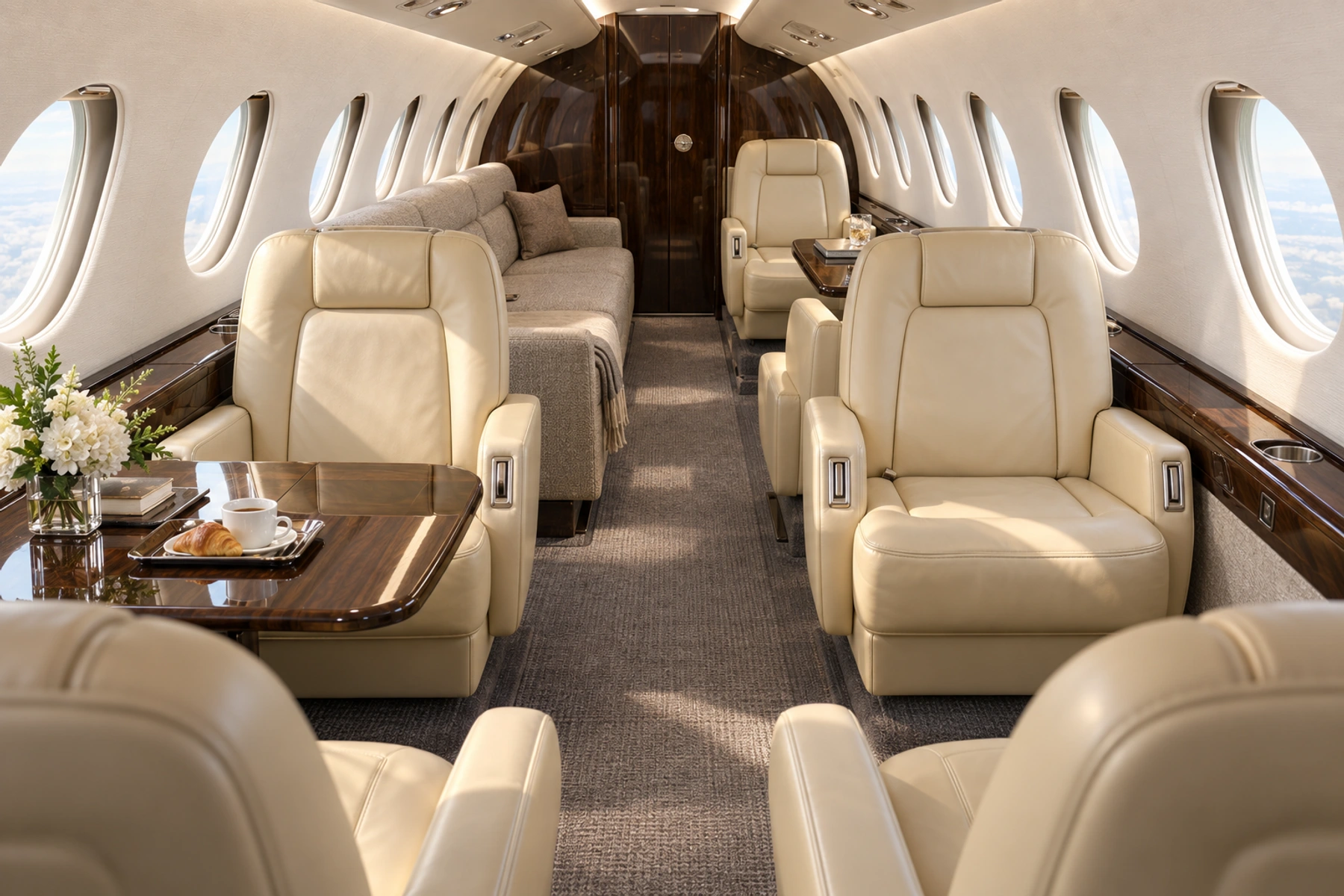 Representative Falcon 50 cabin looking aft, with a forward four-chair club and an aft three-place divan opposite two chairs. Actual interiors vary.