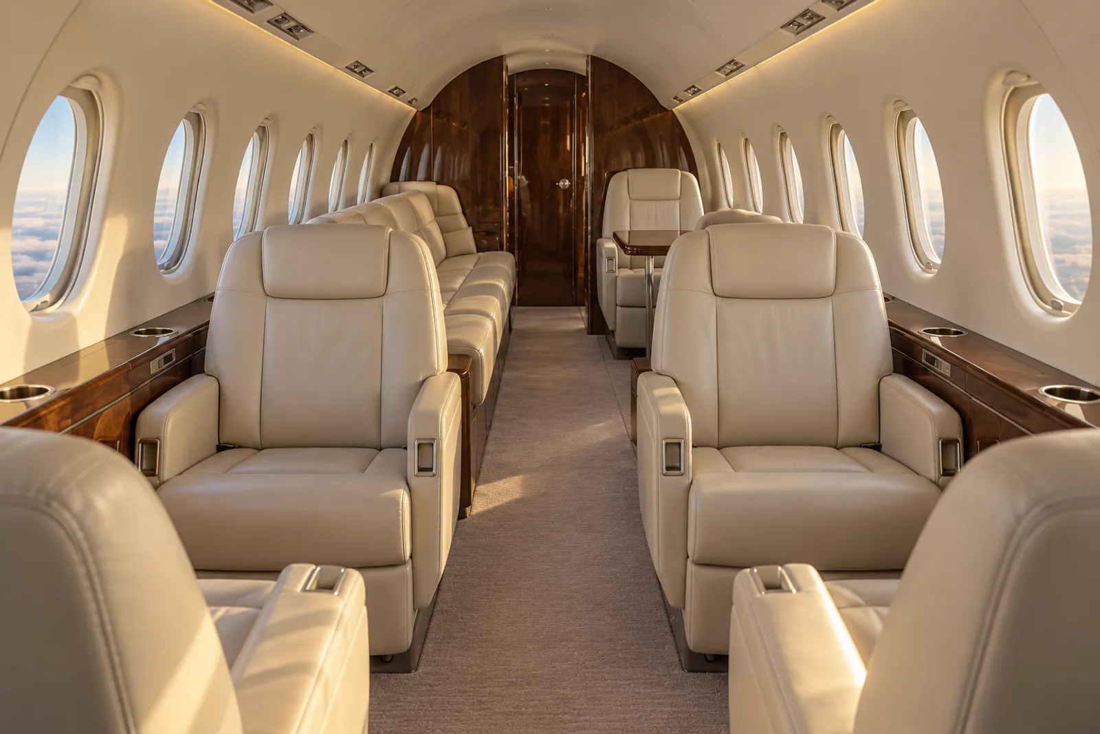 Warm natural light fills a compact Dassault Falcon 50 cabin with cream leather club chairs, an aft three-place divan, wood veneer cabinetry and oval windows, viewed at eye level looking aft down the aisle.