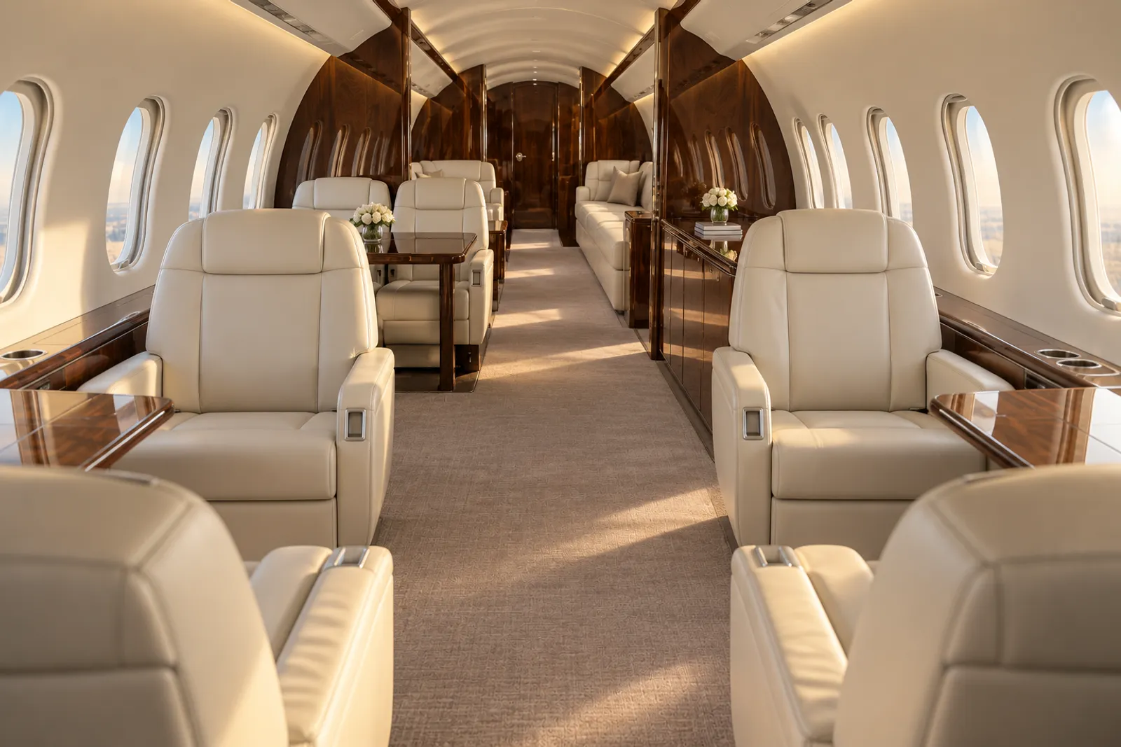 An eye-level view looking aft through a spacious Dassault Falcon 7X cabin with cream leather club seats, a wood conference table, aft divan seating, oval windows and warm natural light.