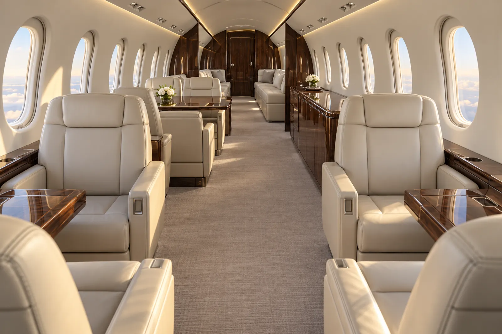 Eye-level view aft through a spacious Dassault Falcon 8X cabin with cream leather club seats, a wood dining table and credenza, two aft divans, and oval windows admitting warm natural light.