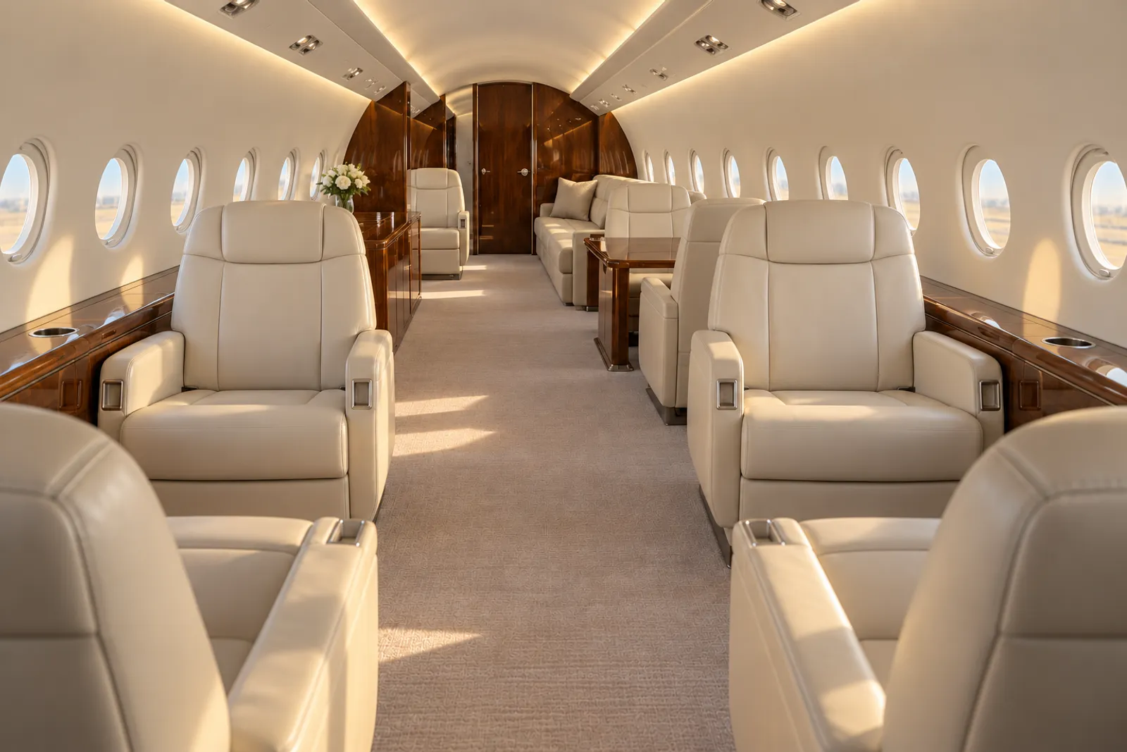 Warm natural light illuminates cream leather club seats, a conference group and an aft divan in the spacious stand-up Dassault Falcon 900 cabin, viewed aft along the aisle with oval windows and wood veneer cabinetry.