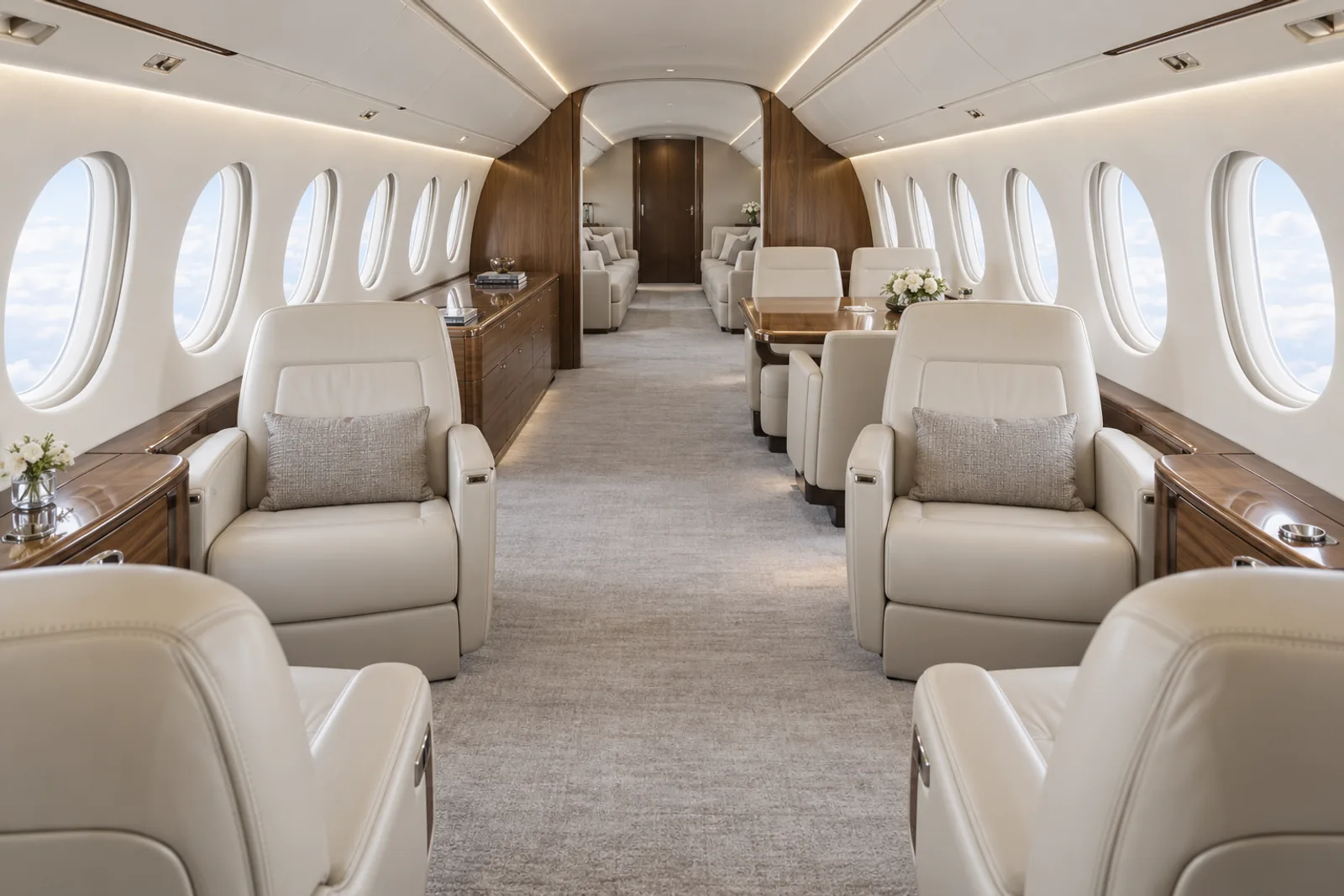 Original illustration of a representative Falcon 6X cabin looking aft: forward club chairs, port conference group and two aft divans. Individual aircraft completions vary