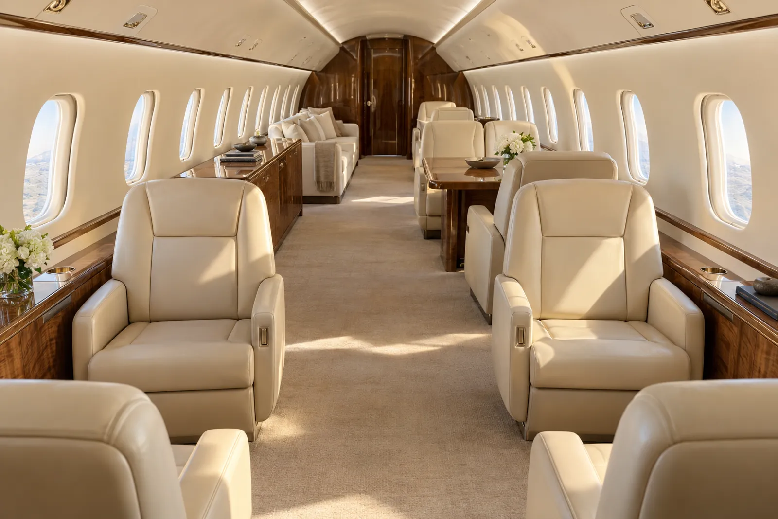 Warm sunlight fills the spacious stand-up Global 5000 cabin, with cream leather club and conference seating, an aft divan, wood veneer and upright rounded windows along a central aisle.