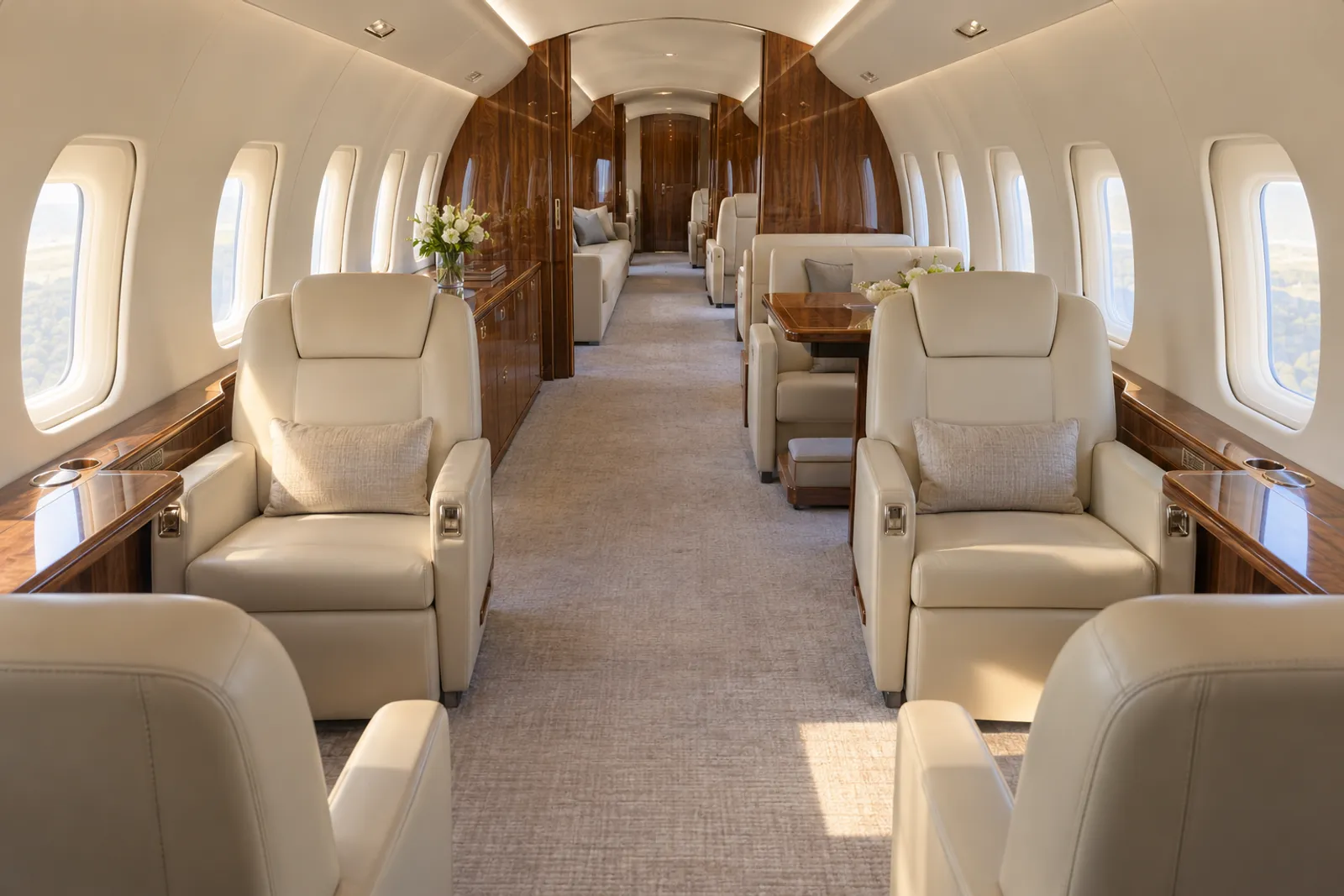Warm daylight fills a spacious Bombardier Global 6000 cabin viewed aft down the aisle, with cream leather club seats, a conference area, walnut cabinetry, rounded rectangular windows and an aft divan.