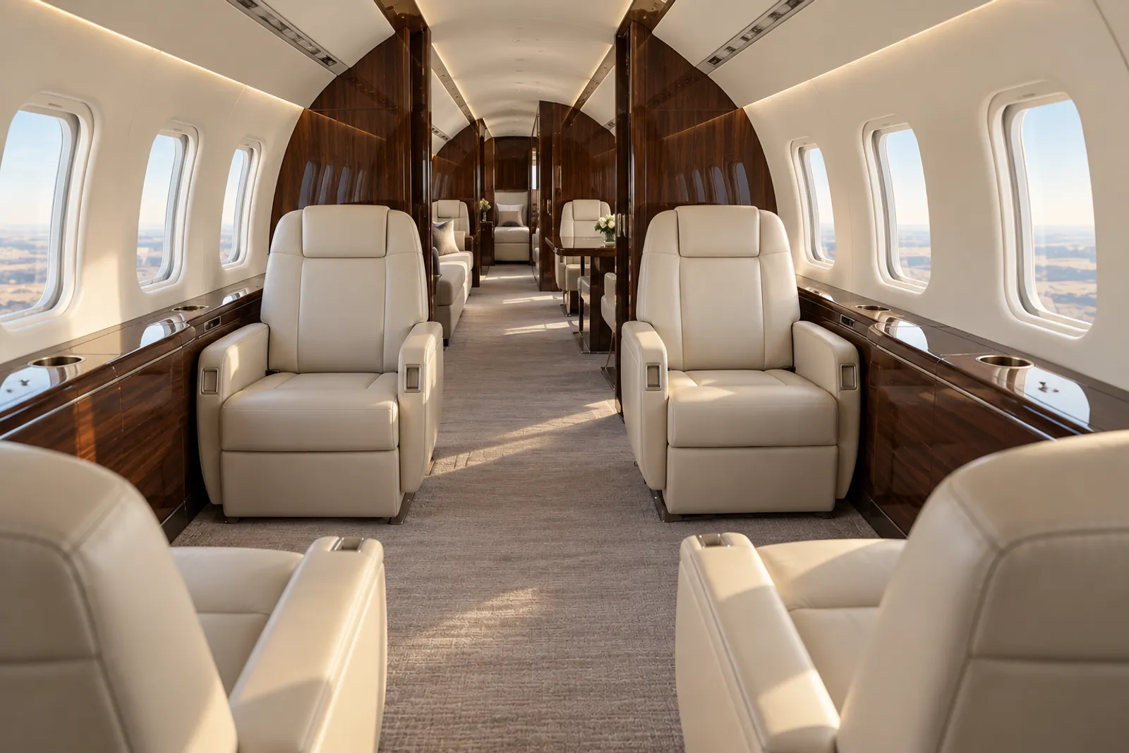 Warm natural light fills a stand-up Bombardier Global 7500 cabin with cream leather club seats, tall rounded rectangular windows, wood veneer cabinetry and an aisle leading aft toward the dining and lounge suites.