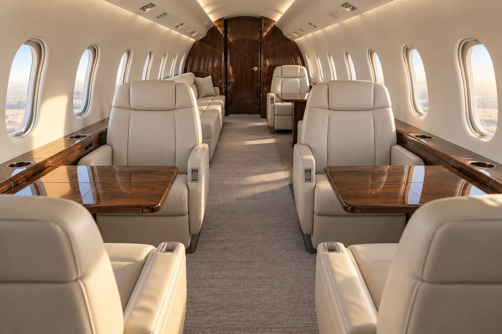 An eye-level view looking aft through a Gulfstream G200 cabin with cream leather club seats, a three-place divan, wood veneer cabinetry and upright oval windows in warm natural light.