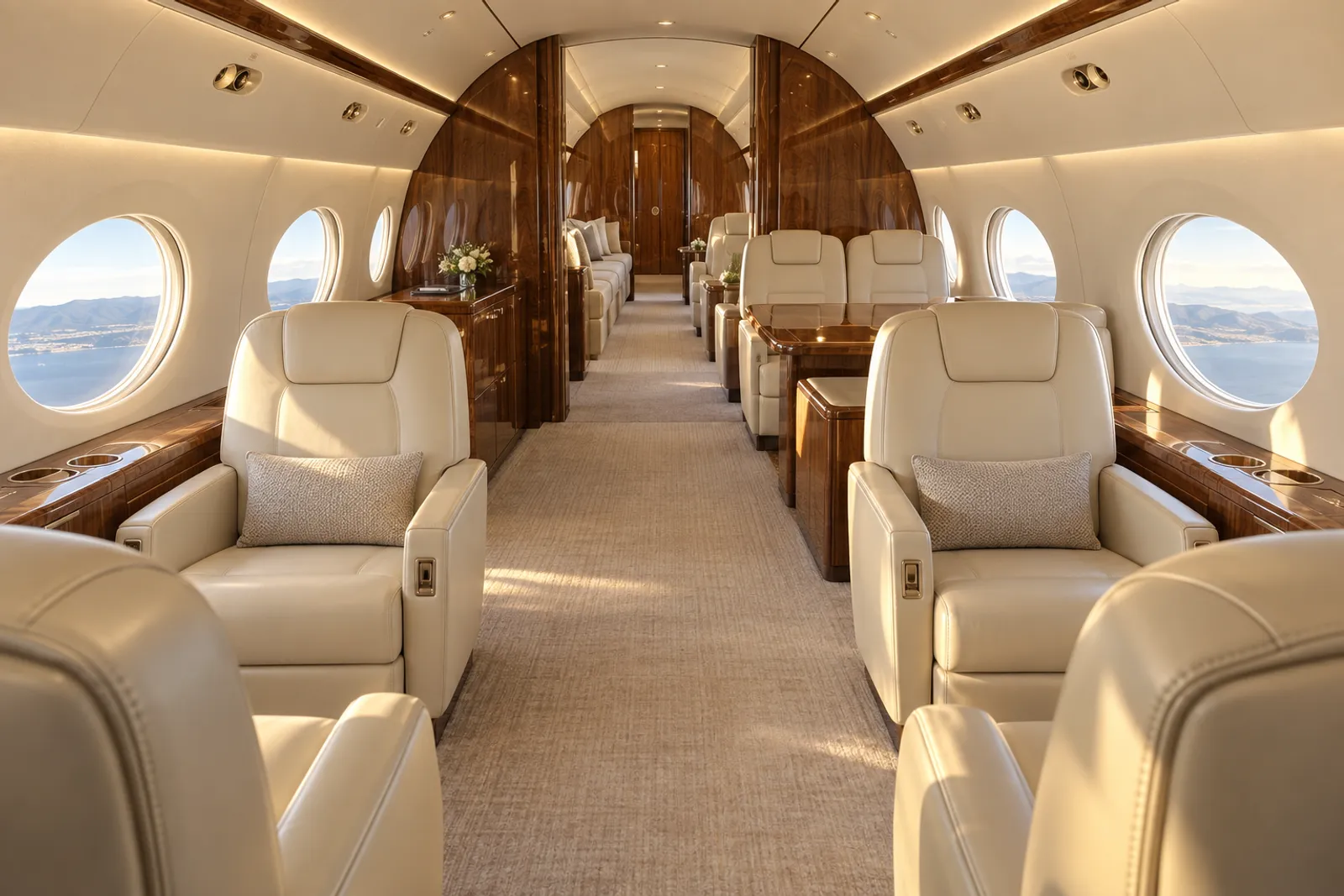 An eye-level view looking aft through a Gulfstream G450 cabin shows cream leather club and conference seats, an aft divan, polished wood veneer and oval windows in warm natural light.