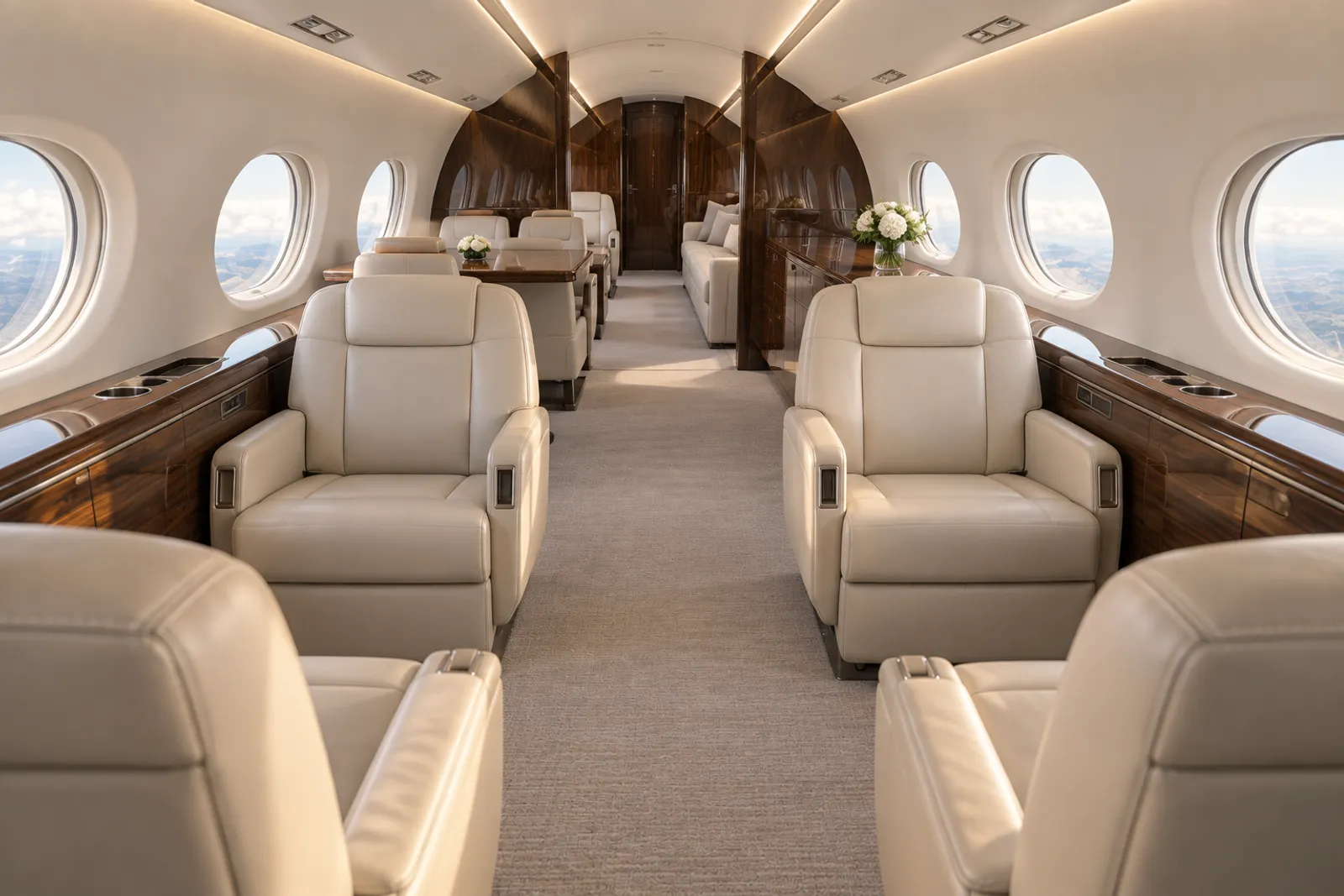 A warm sunlit Gulfstream G500 cabin viewed aft down the aisle has cream leather club seats, wood veneer cabinetry, large oval windows, a conference group and an aft divan.
