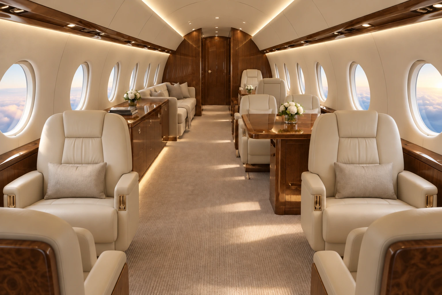 Representative G550 Universal cabin looking aft, with the conference group on aircraft port and aft divan on starboard