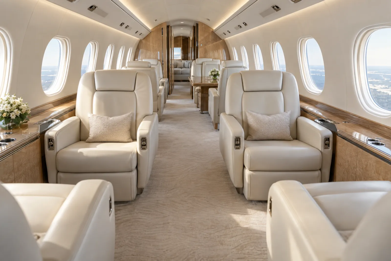 The long cabin of a Gulfstream G550, with ivory club seats, a conference table and large oval windows