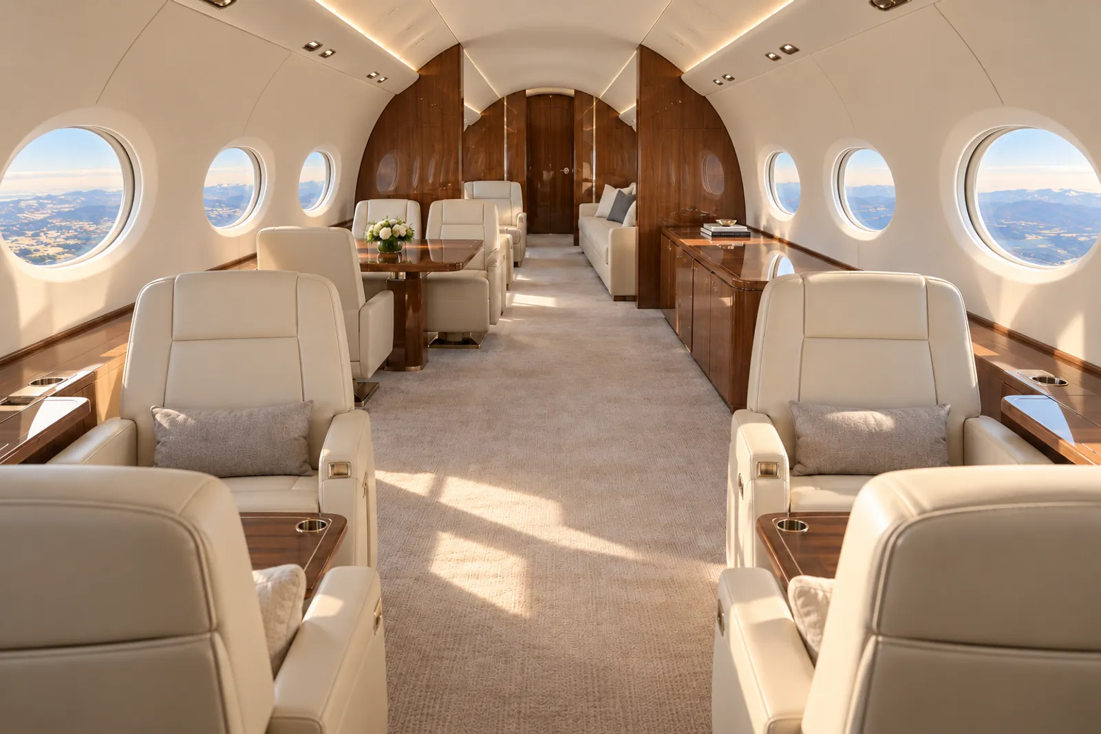 An eye-level view looking aft through a Gulfstream G600's spacious stand-up cabin shows cream leather club and conference seating, an aft divan, wood veneer cabinetry, and warm natural light through panoramic oval windows.